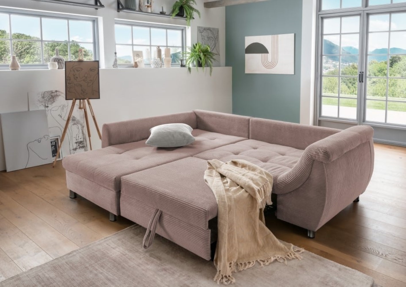 Stylisches Ecksofa Agira mit Schlaffunktion in elegantem Cord Stoff – Verschiedene Farben erhältlich Stylisches Ecksofa Agira mit Schlaffunktion in elegantem Cord Stoff – Verschiedene Farben erhältlich