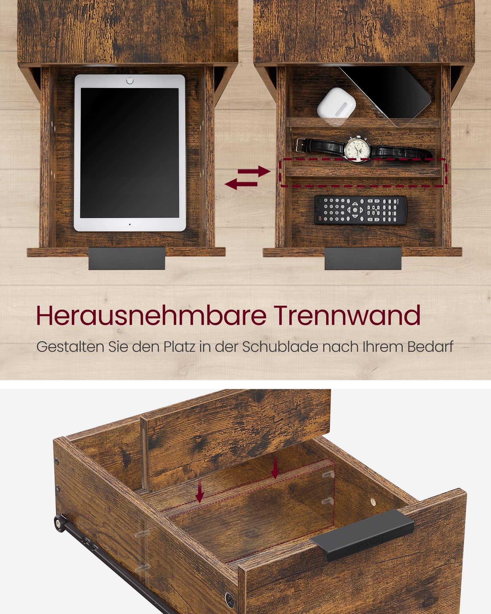 Beistelltisch mit Steckdosenleiste und 2 Schubladen Beistelltisch mit Steckdosenleiste und 2 Schubladen