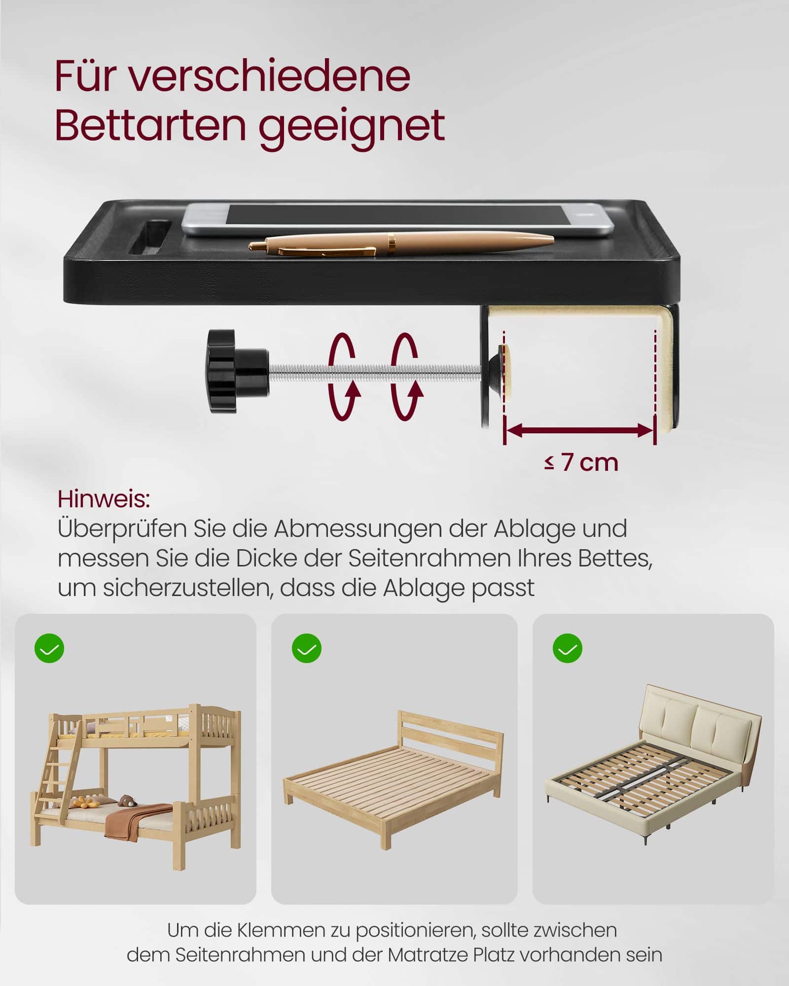 Nachttisch zum Einhängen mit Getränkehalter tintenschwarz