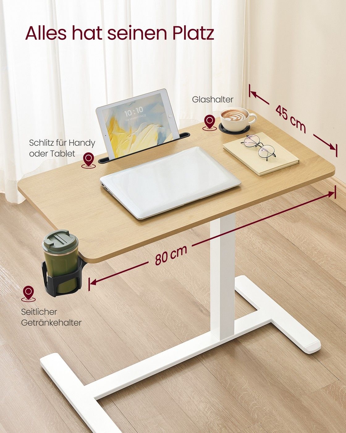 Mobiler Beistelltisch mit Rollen und Getränkehaltern Goldeichenfarben