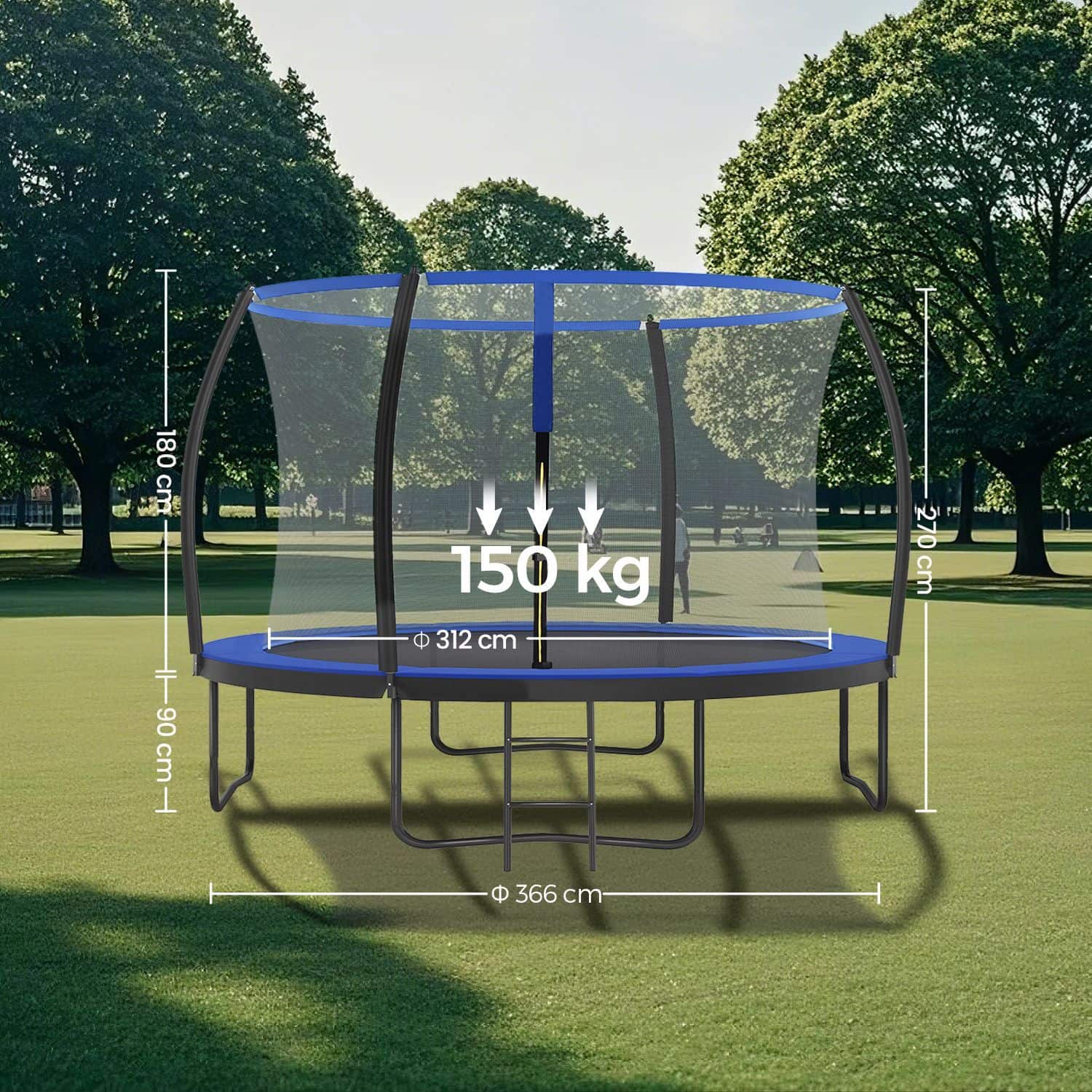 Trampolin 366 cm d, Gartentrampolin mit Sicherheitsnetz, 180 cm hohe gebogene Stangen Trampolin 366 cm d, Gartentrampolin mit Sicherheitsnetz, 180 cm hohe gebogene Stangen