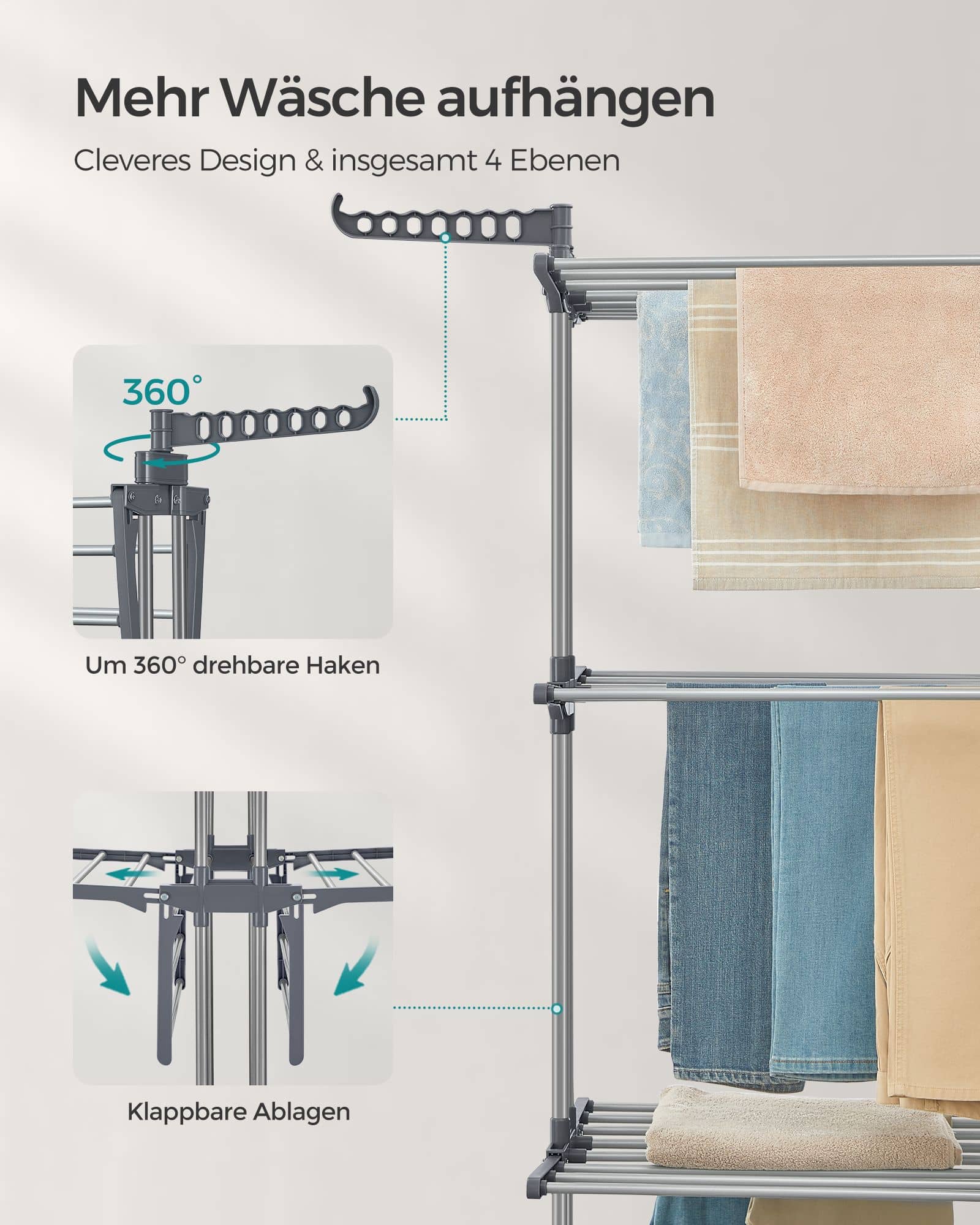 Wäscheständer 4 Ebenen mit klappbaren Flügeln und Rollen grau Wäscheständer 4 Ebenen mit klappbaren Flügeln und Rollen grau