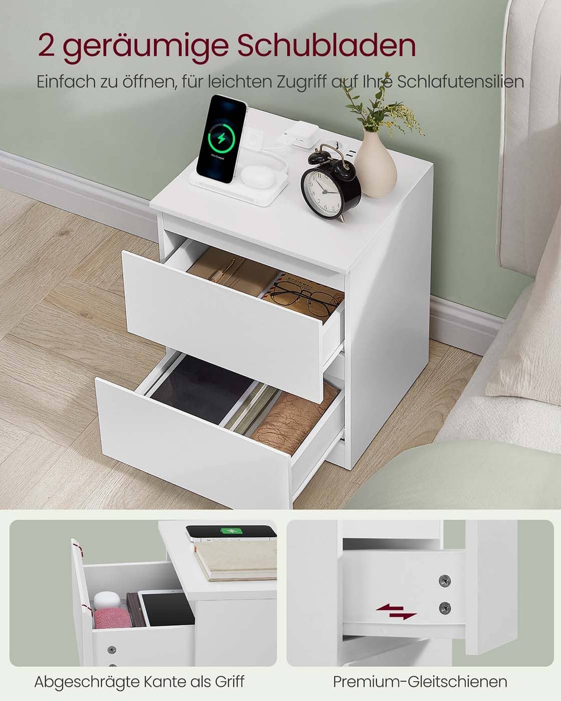 Nachttisch 2er Set mit Steckdosen und Schubladen wolkenweiß Nachttisch 2er Set mit Steckdosen und Schubladen wolkenweiß