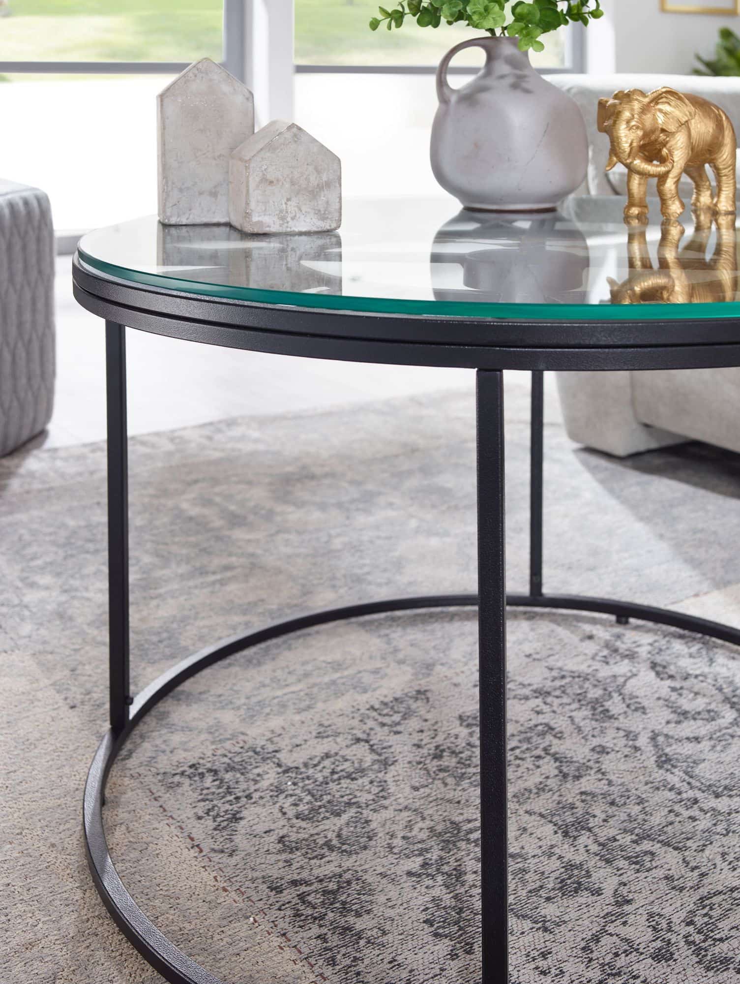 Couchtisch Glas Metall 60x60x43 cm Sofatisch Schwarz mit Deko-Uhr