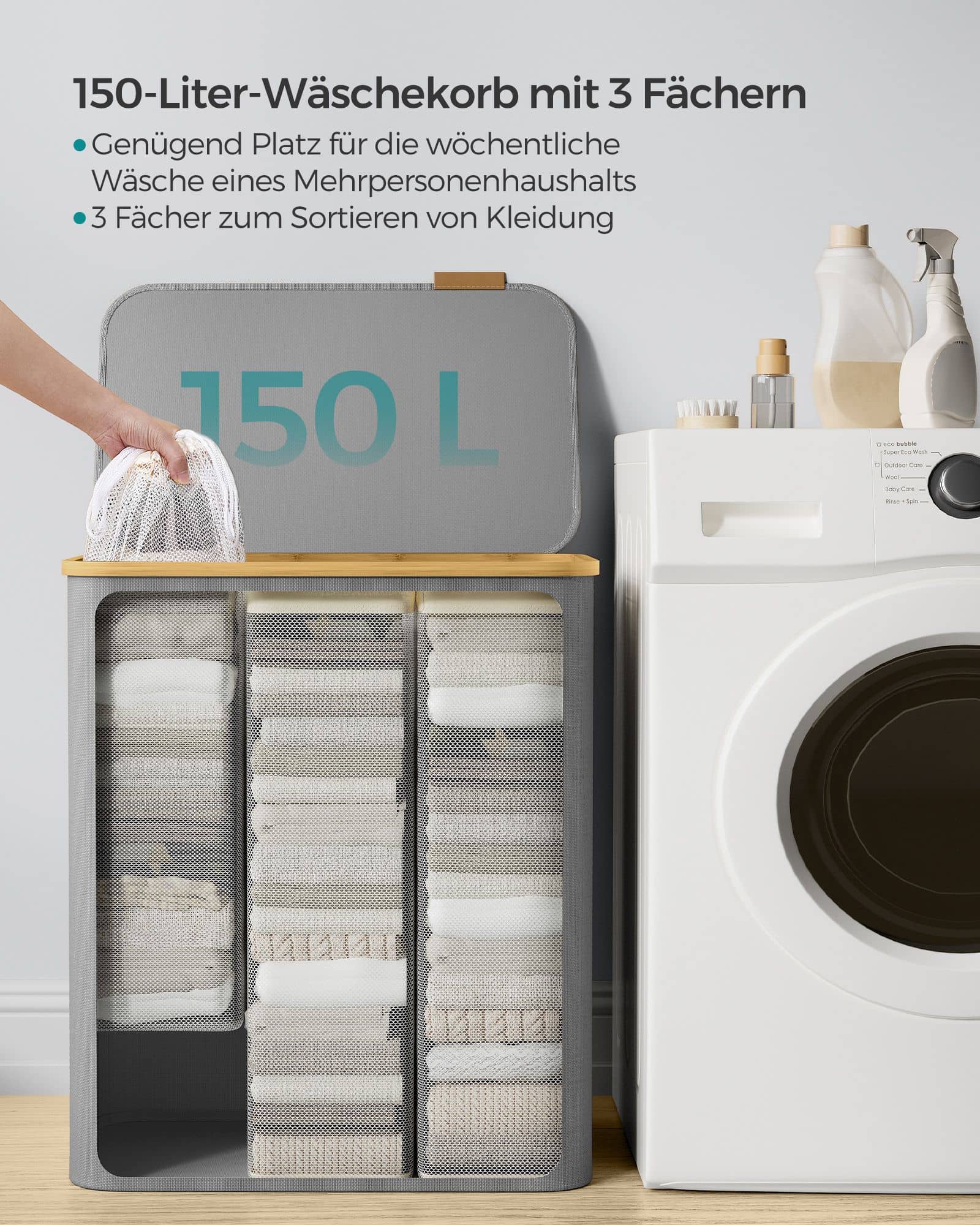 Wäschekorb 3 Fächer mit Griffen aus Bambus taubengrau