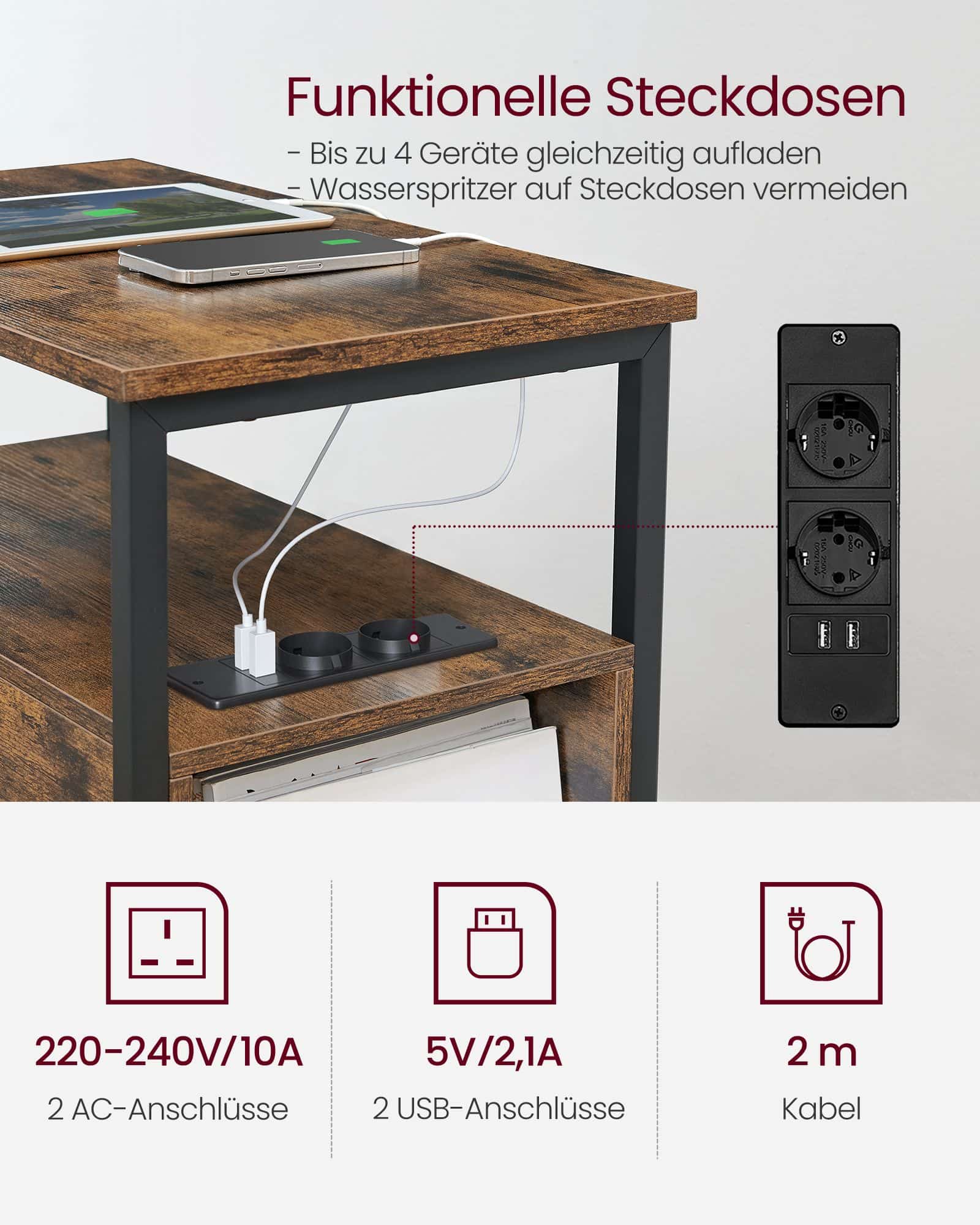 Beistelltisch mit Steckdosenleiste und 2 Schubladen