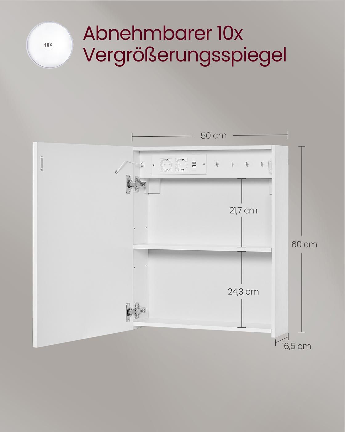 Spiegelschrank mit Beleuchtung und Steckdose Spiegelschrank mit Beleuchtung und Steckdose