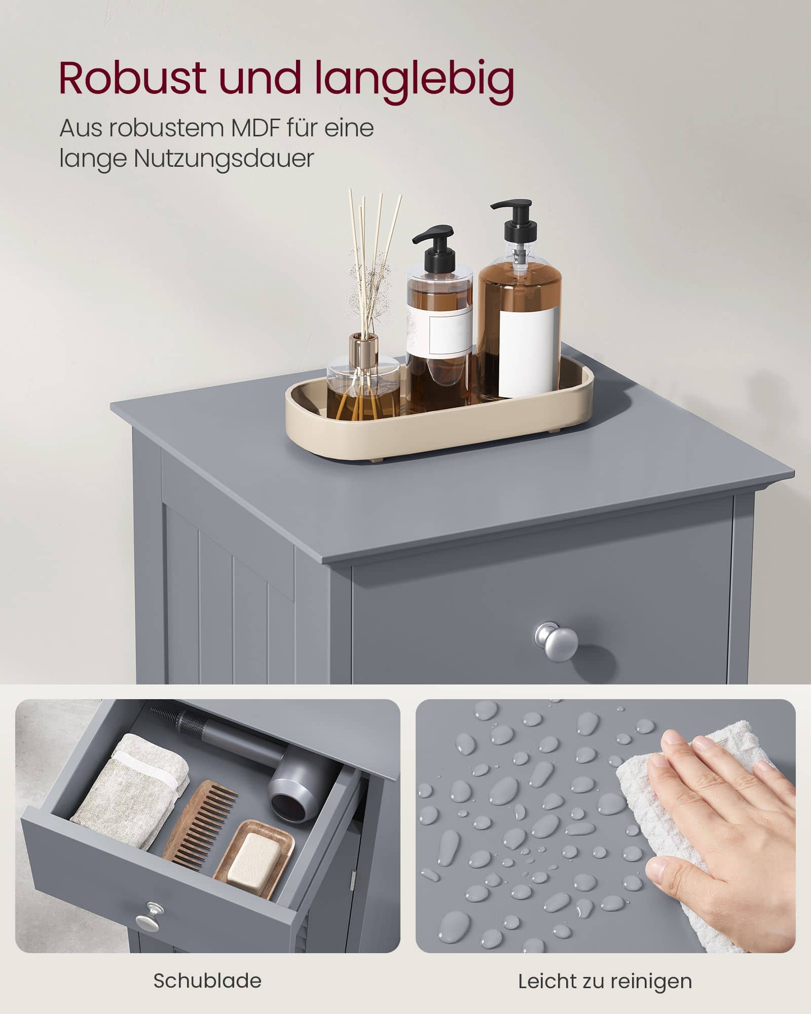 Badezimmerschrank schmal mit Schublade und Lamellentür Badezimmerschrank schmal mit Schublade und Lamellentür