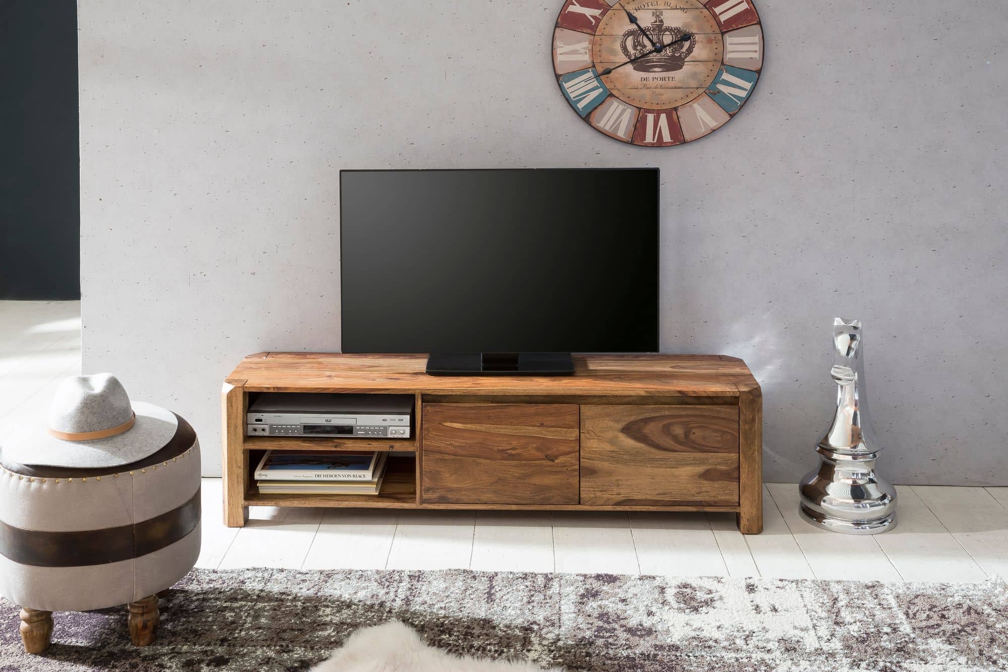 40313-WOHNLING-Lowboard-BOHA-Massivholz-Sheesham-_34SWDAz5RkB2Lk Lowboard BOHA Massivholz Sheesham Kommode 140 cm TV-Board Ablage-Fächer Landhaus-Stil Unterschrank 40 cm TV-Möbel