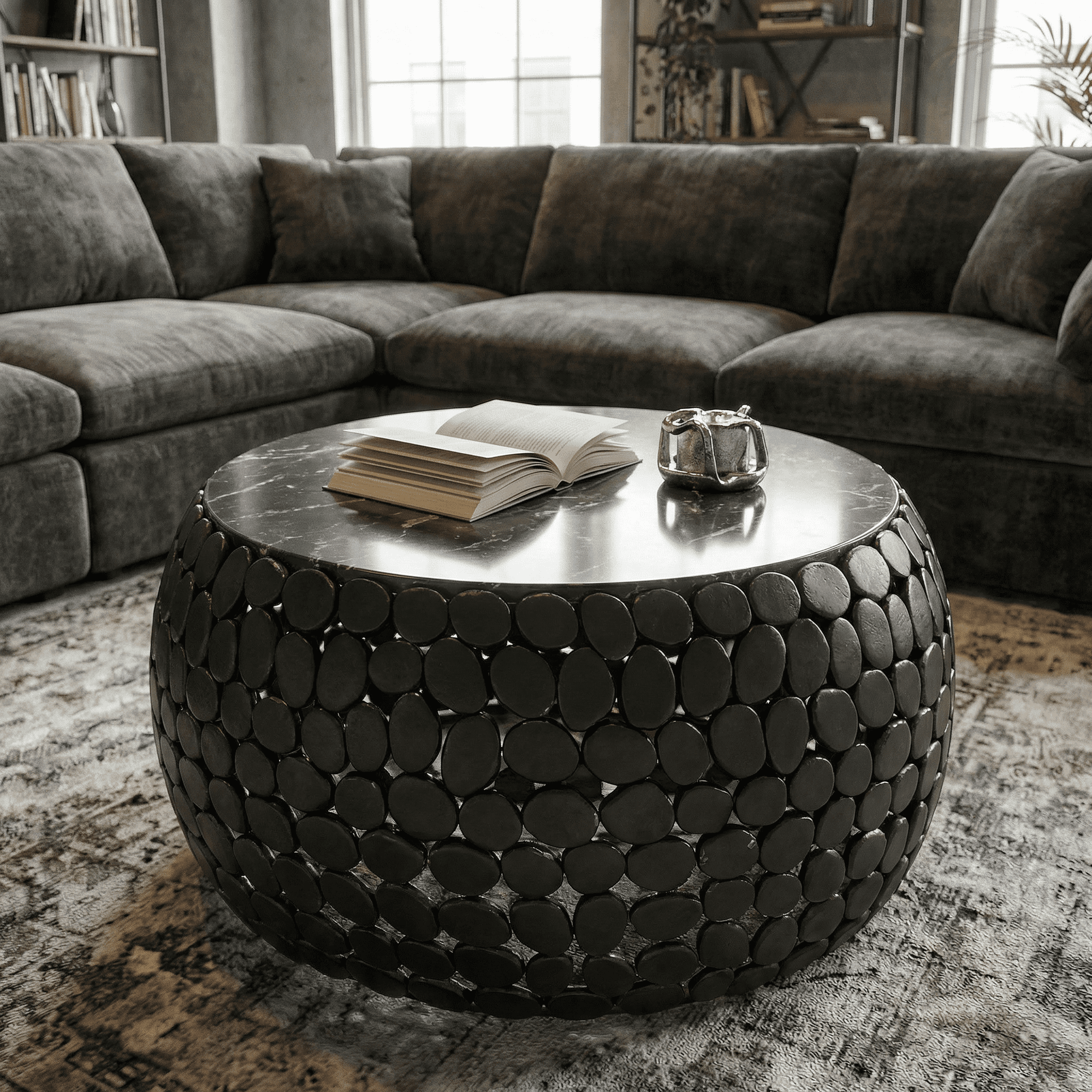 Design Couchtisch rund 65 cm aus Aluminium und schwarzer Marmor Tischplatte - Wohnzimmertisch Alu - Metall Sofatisch - Beistelltisch Wohnzimmer - Handmade