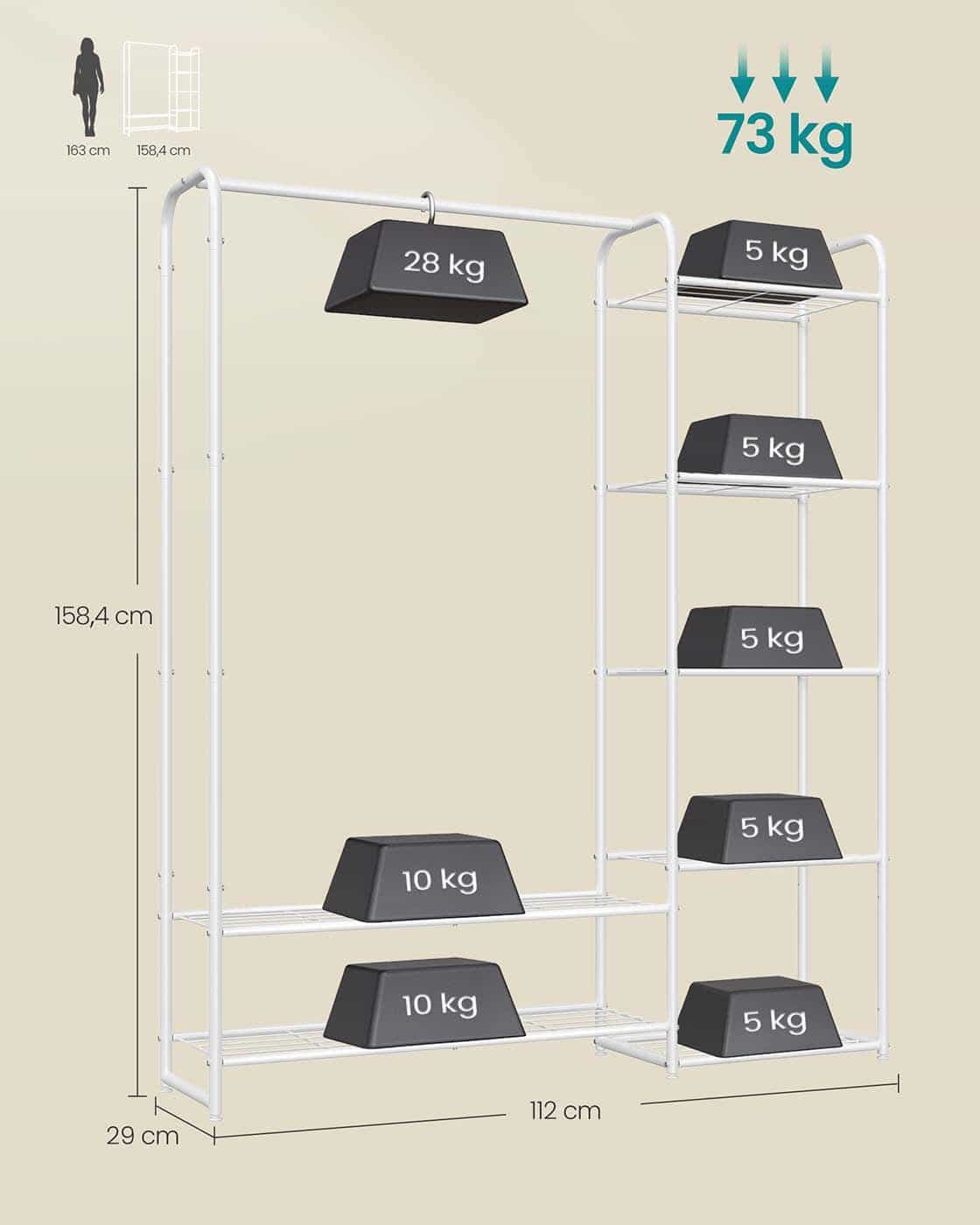 Metall-Kleiderständer 29 x 112 x 158,4 cm mit Ablagen mattweiß Metall-Kleiderständer 29 x 112 x 158,4 cm mit Ablagen mattweiß