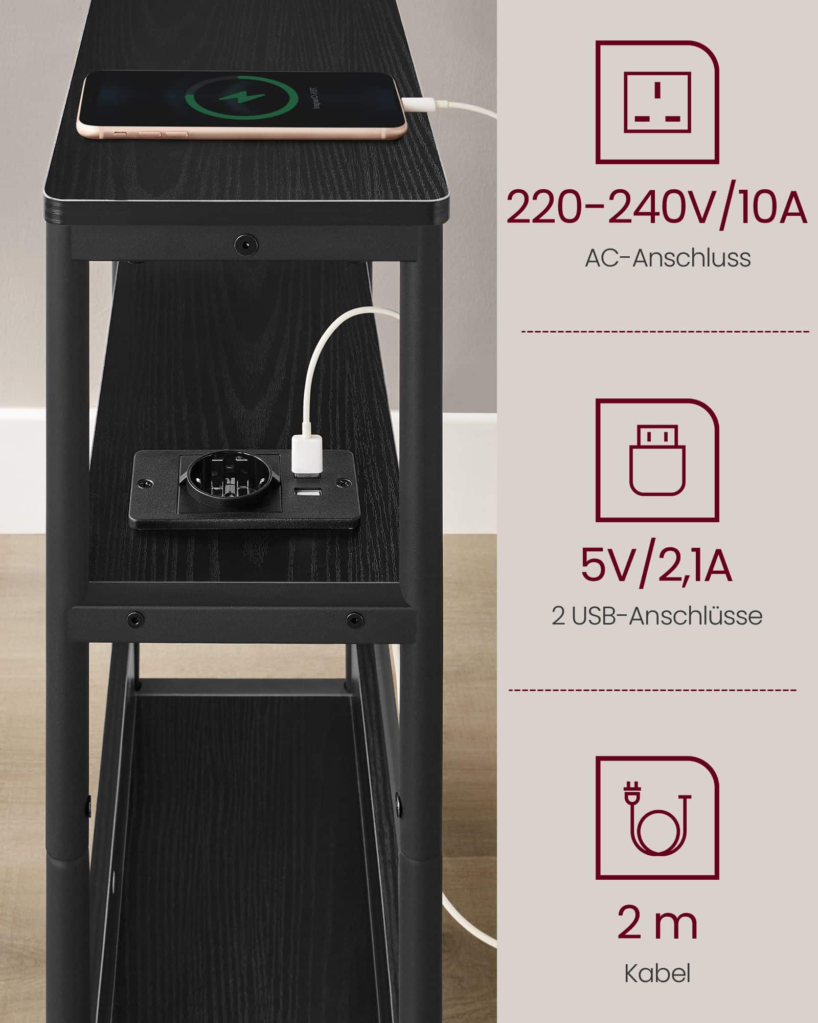Beistelltisch mit 3 Ablagen schmal ebenholzschwarz-tintenschwarz Beistelltisch mit 3 Ablagen schmal ebenholzschwarz-tintenschwarz