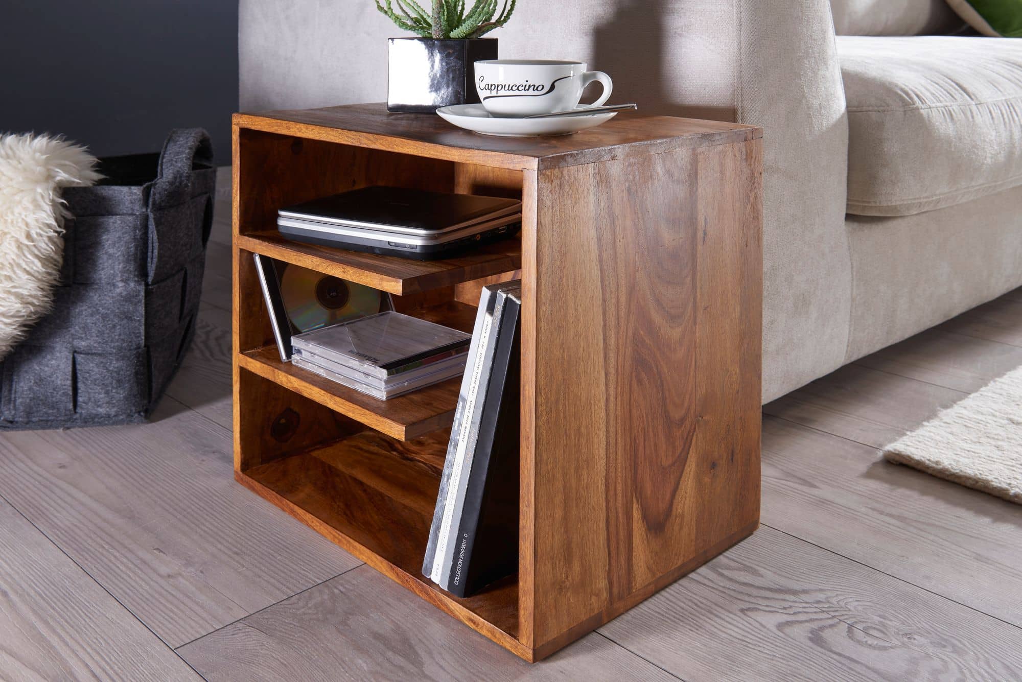47417-WOHNLING-Beistelltisch-mit-Ablagen-43x30x43_4 Beistelltisch 43x43x30 cm Sheesham Massivholz Design Nachttisch