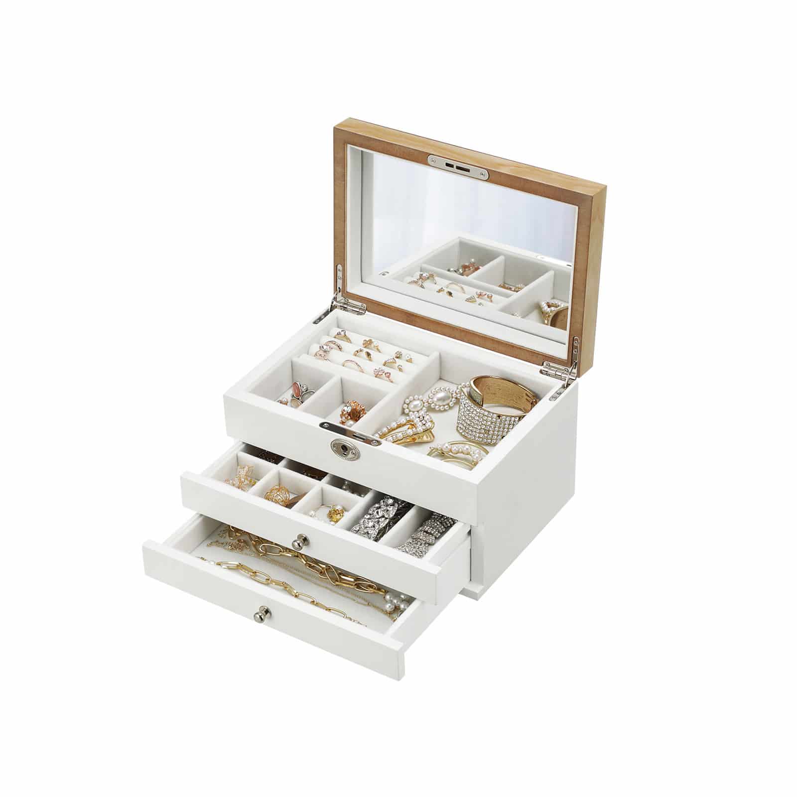 Elegante Schmuckbox mit Spiegel Weiß-B34JOW15WN