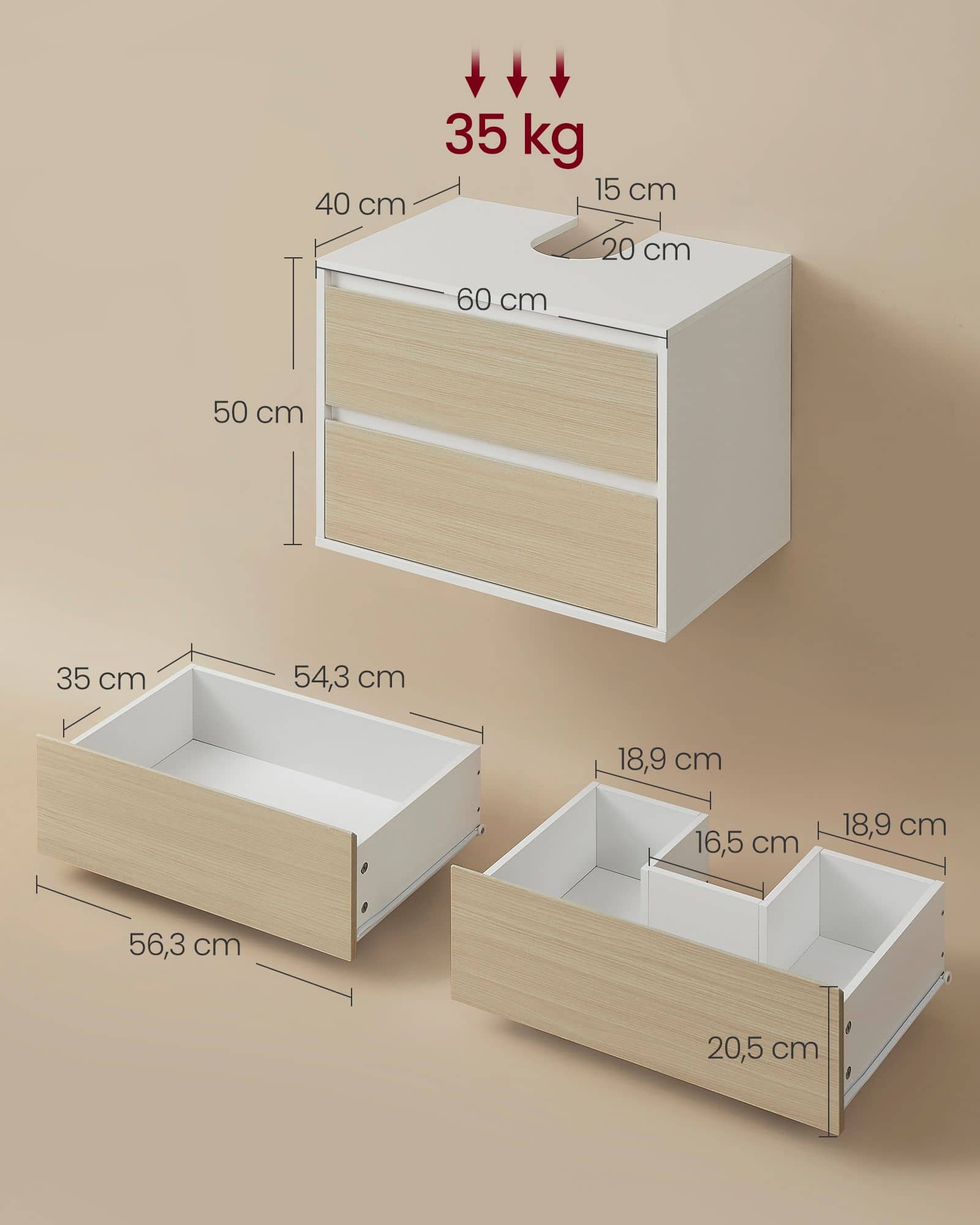 Waschbeckenunterschrank hängend mit 2 Schubladen Waschbeckenunterschrank hängend mit 2 Schubladen