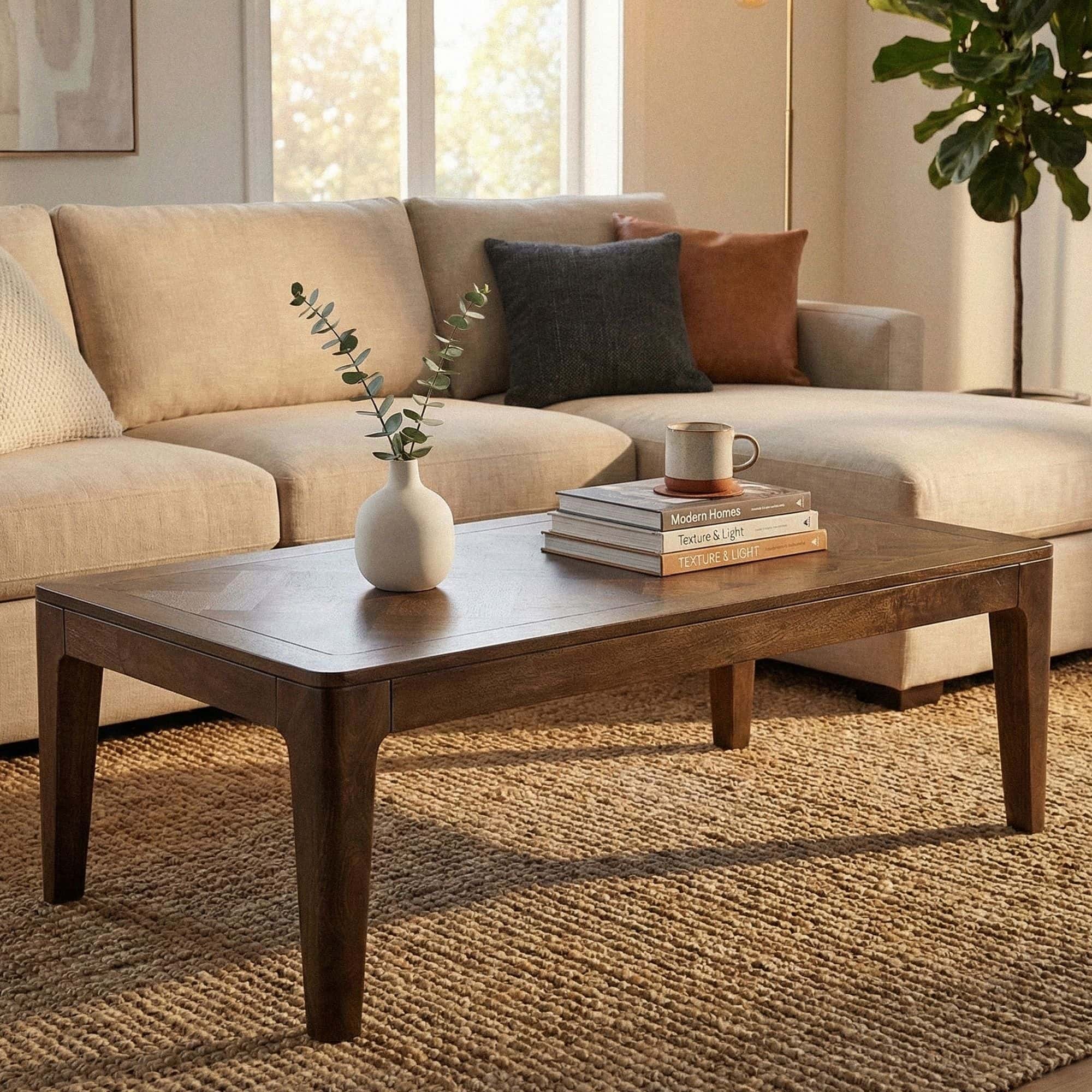 Couchtisch 120 x 60 cm Massivholz Mango Walnuss-Finish - Wohnzimmertisch Rechteckig - Sofatisch Modern Holz - Design Wohnzimmer Tisch Handmade