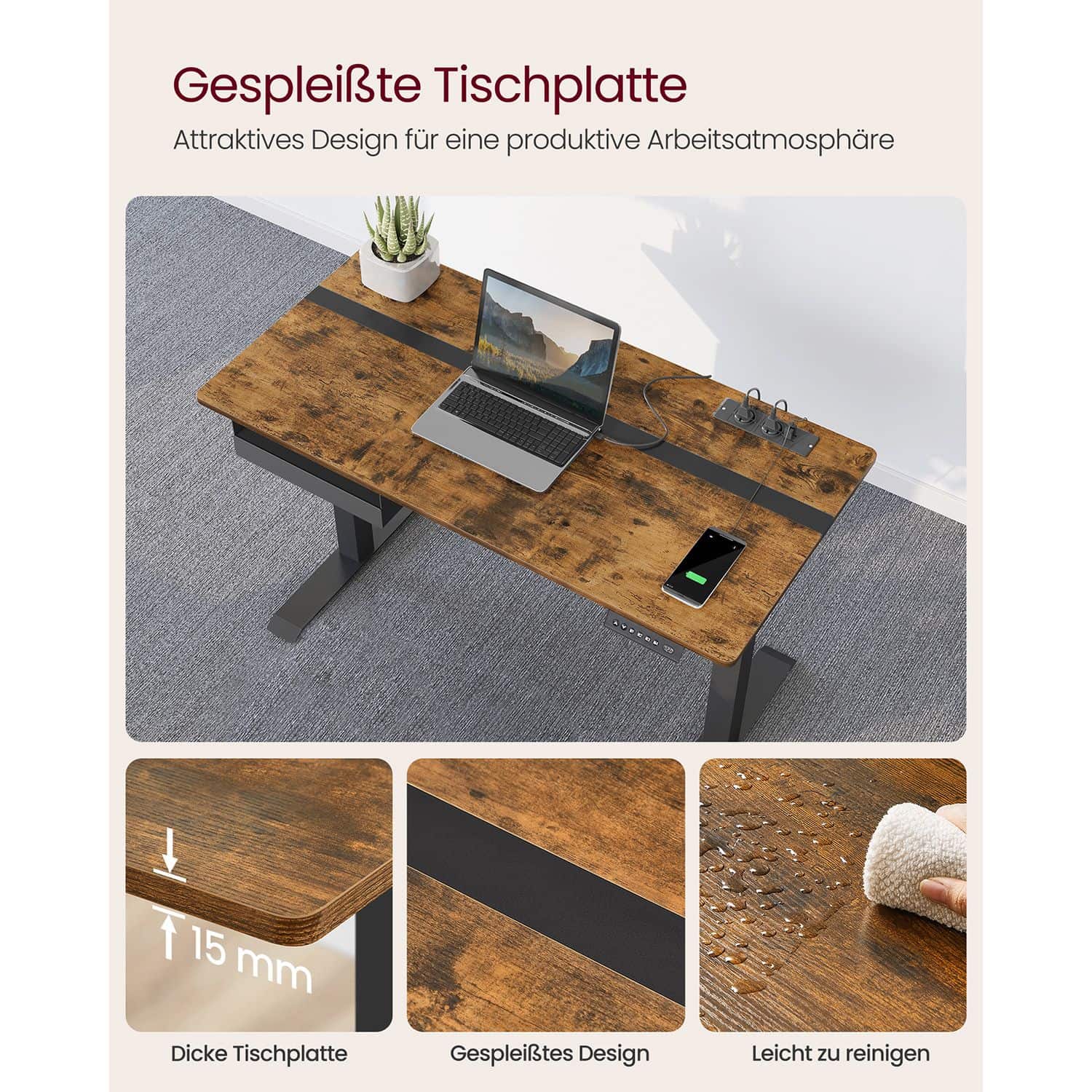 Höhenverstellbarer Schreibtisch 60 x 120 cm vintagebraun-schwarz-B34LSD112X01 Höhenverstellbarer Schreibtisch 60 x 120 cm vintagebraun-schwarz-B34LSD112X01