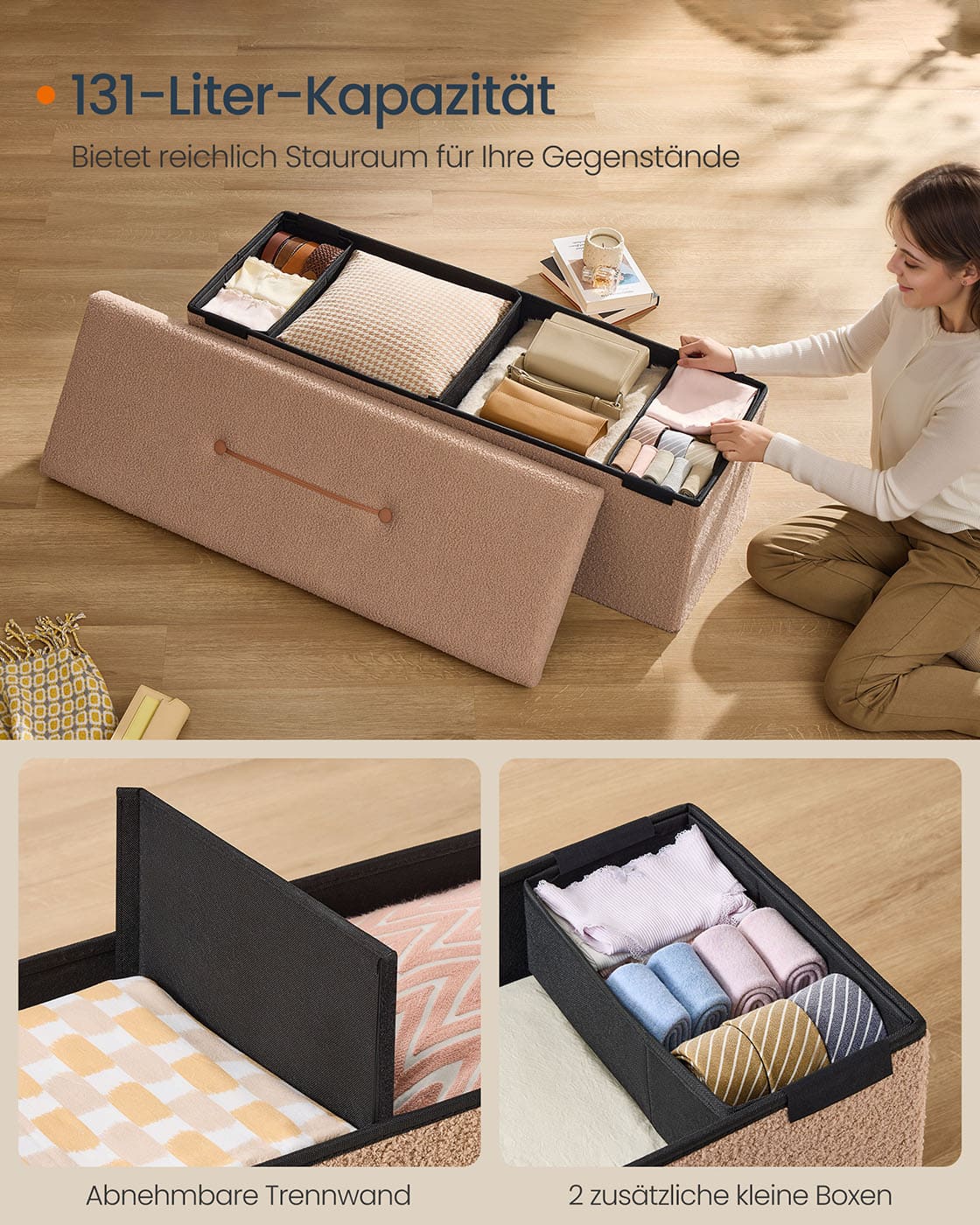 Hocker mit Stauraum 38 x 110 x 38 cm kamelbraun