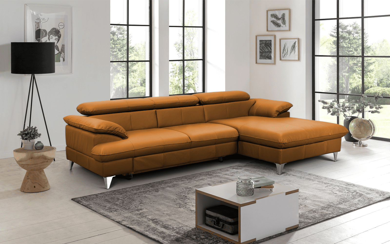 David Ecksofa Echtleder – Schlafsofa mit Bettkasten