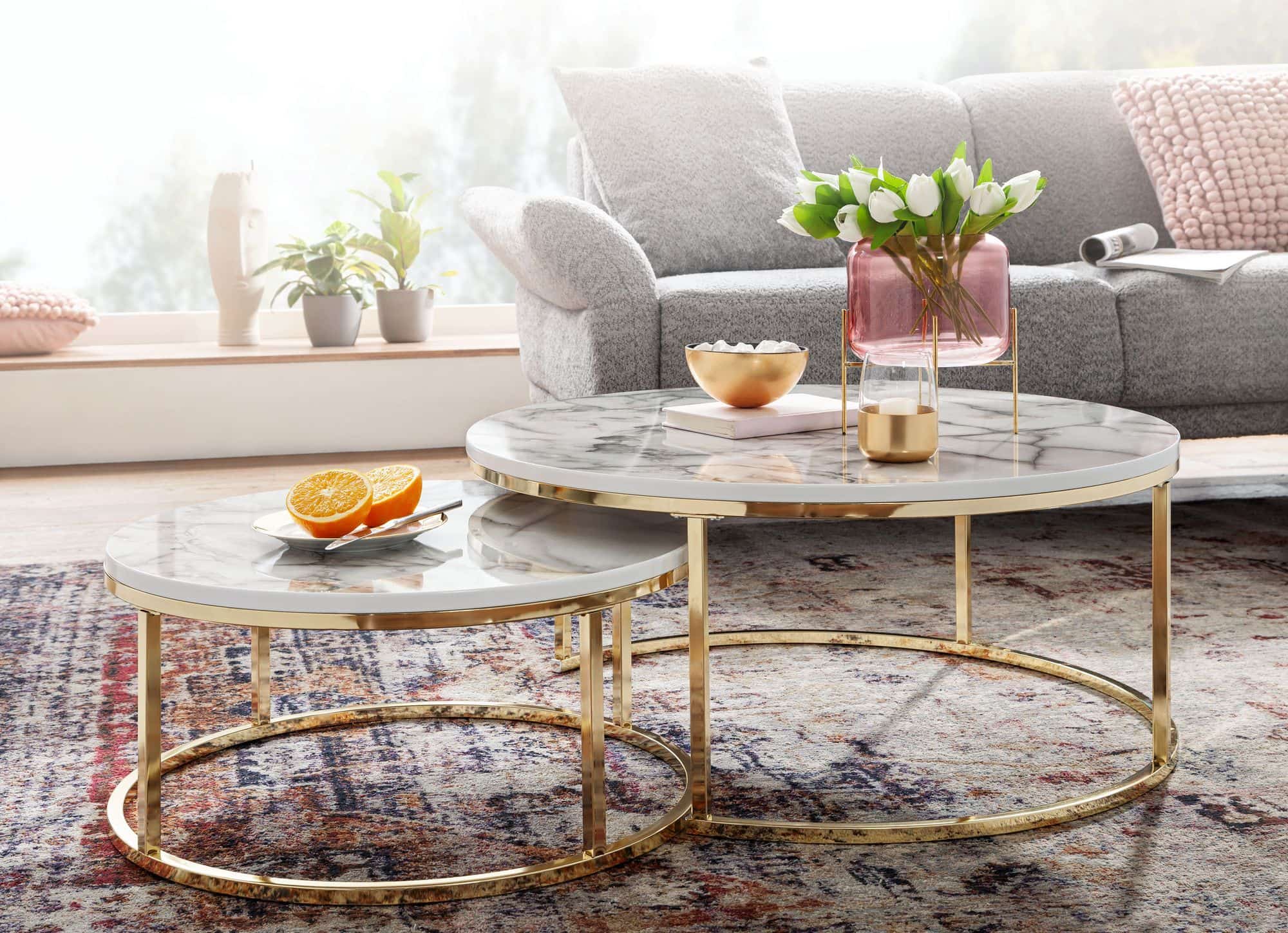 Couchtisch 2er Set Weiß Gold Marmor Optik Sofatisch Rund Modern