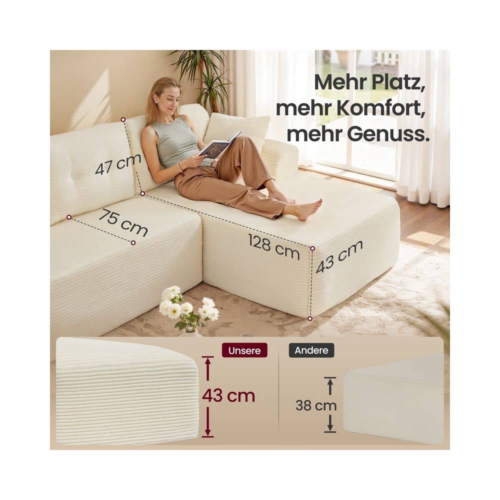 Modulares Sofa 244 cm breit mit großer Chaiselongue rechts cremeweiß