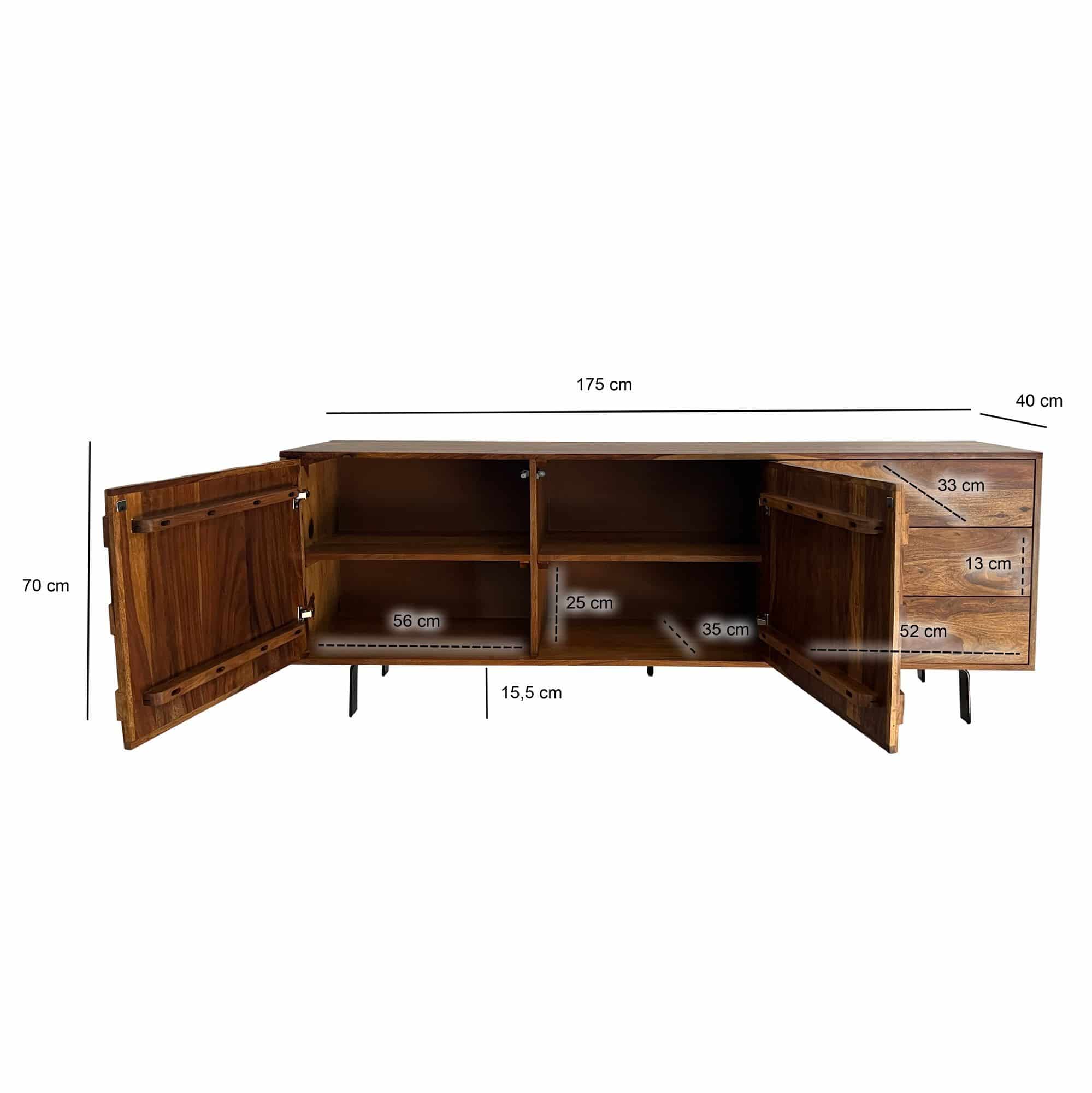 Sideboard Sheesham Massivholz 175 cm – Kommode mit Türen & Schubladen – Anrichte im Loft Industrial Design mit schwarzem Metallgestell – Wohnzimmer & Esszimmer Stauraum
