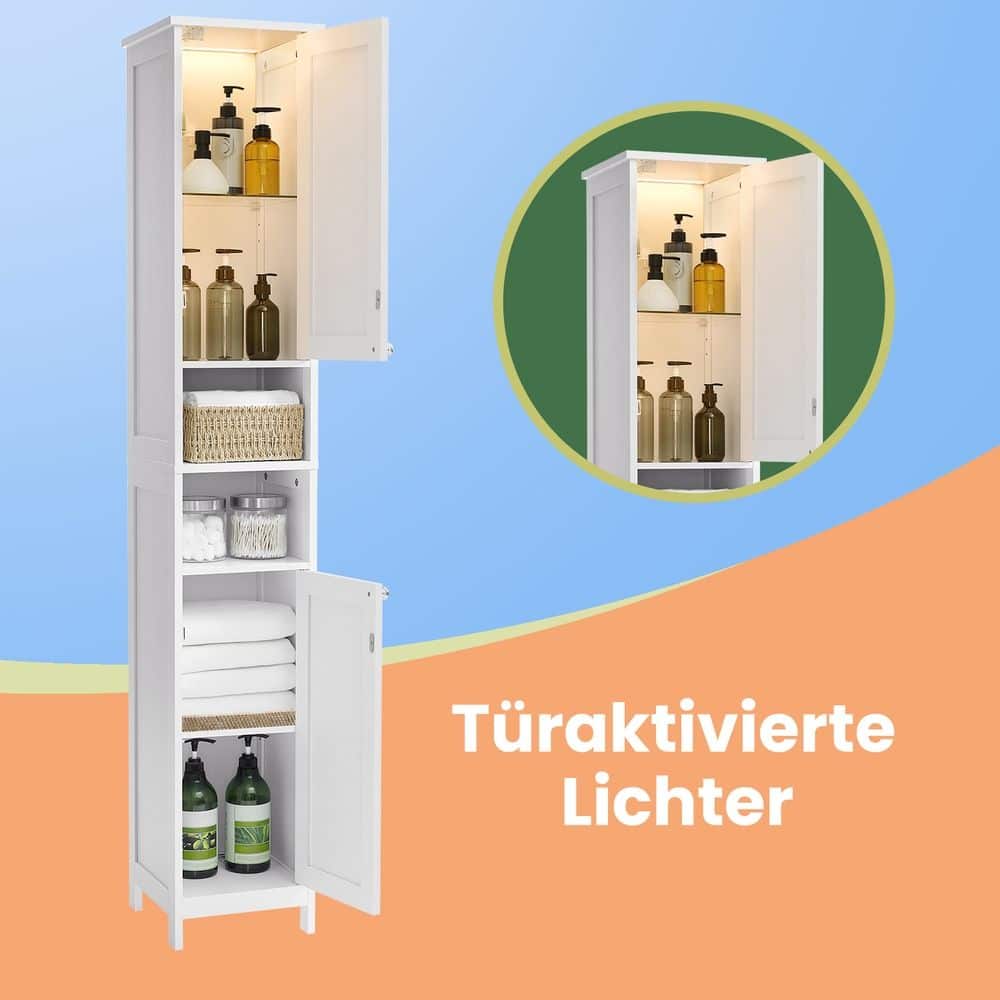 Hochschrank für Badezimmer mit Beleuchtung, verstellbaren Einlegeböden, offenen Fächern Hochschrank für Badezimmer mit Beleuchtung, verstellbaren Einlegeböden, offenen Fächern