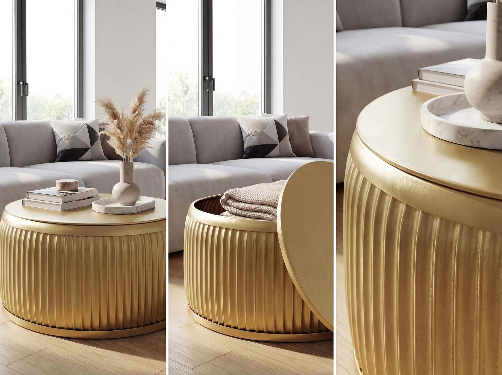 Couchtisch Metall Rund 60cm Gold mit abnehmbarer Tischplatte - Design Wohnzimmertisch mit Stauraum - Extravaganter Loungetisch Metall - Moderner Sofatisch - Beistelltisch Handmade