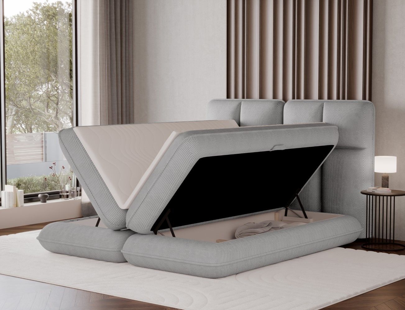 Boxspringbett Tonila Calmora Mikrofaser Grau mit Bettkasten | Topper 