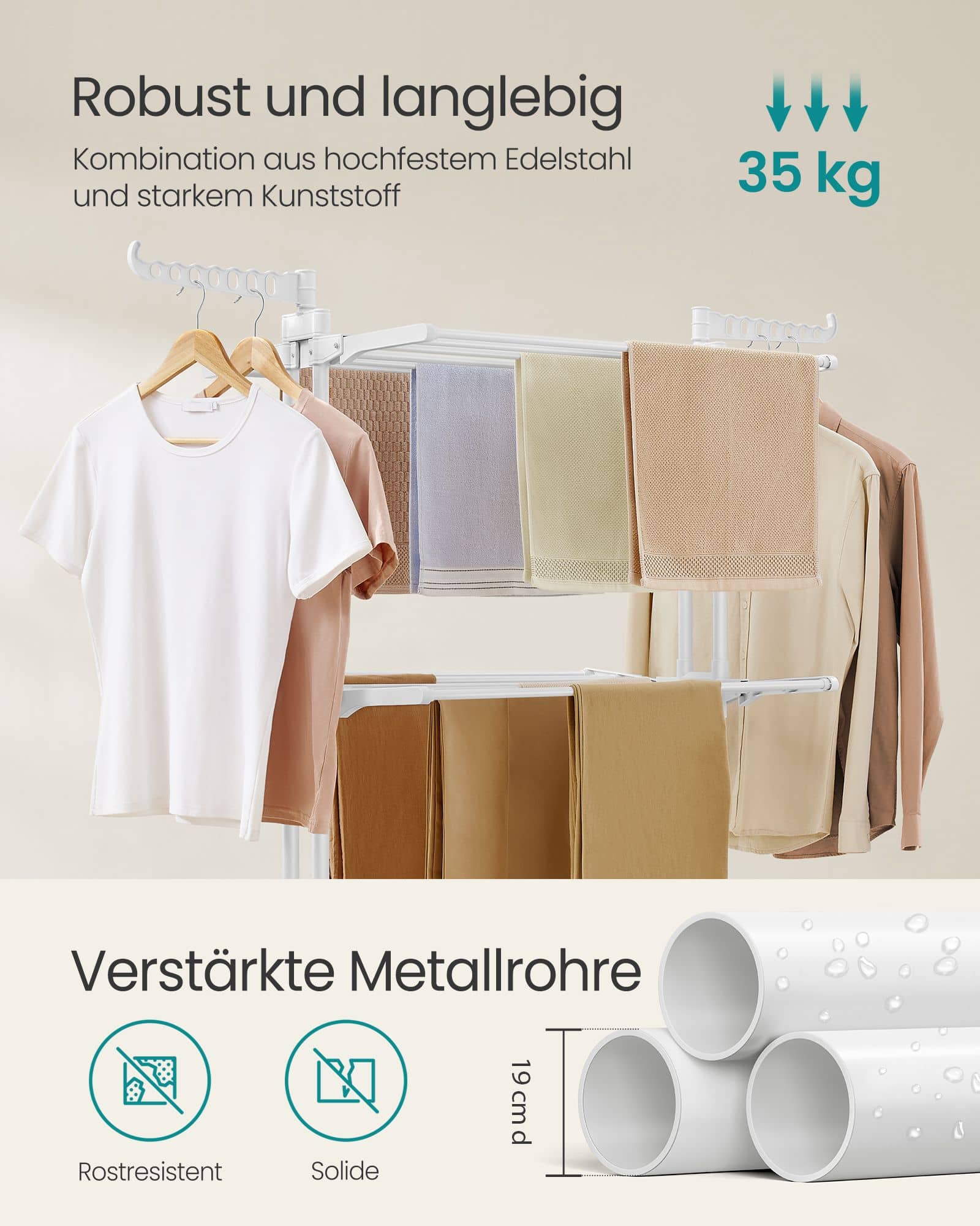 Wäscheständer mit 4 Ebenen und Rollen wolkenweiß Wäscheständer mit 4 Ebenen und Rollen wolkenweiß