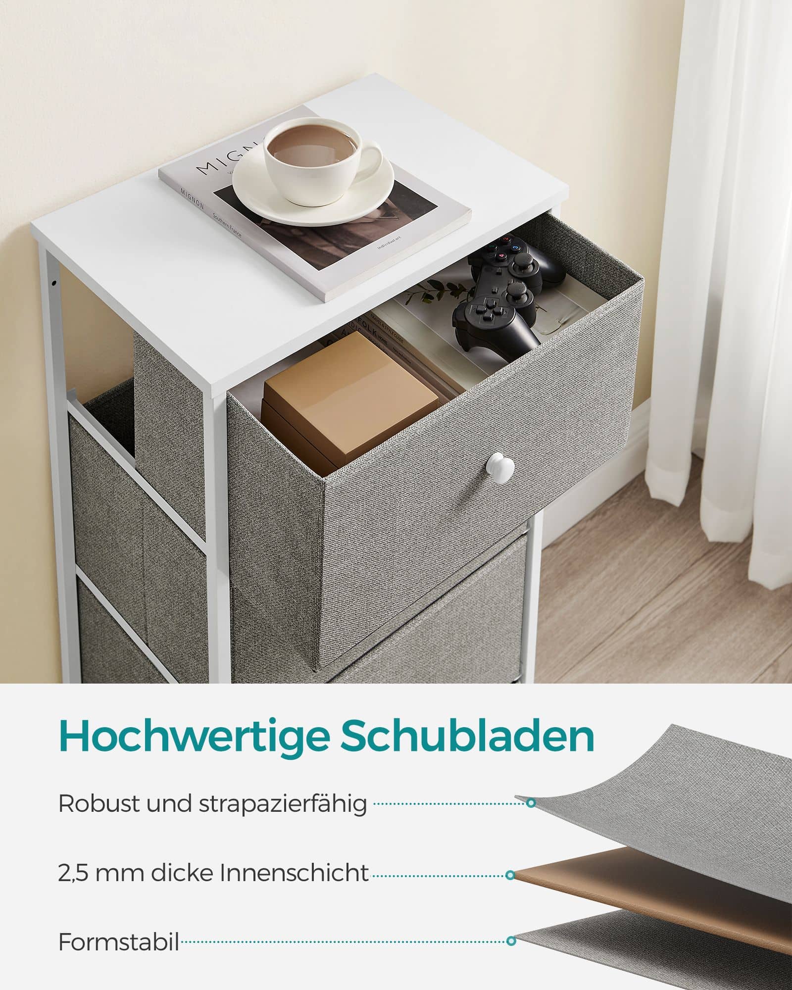Kommode mit 4 Stoff-Schubladen und Metallrahmen hellgrau-weiß