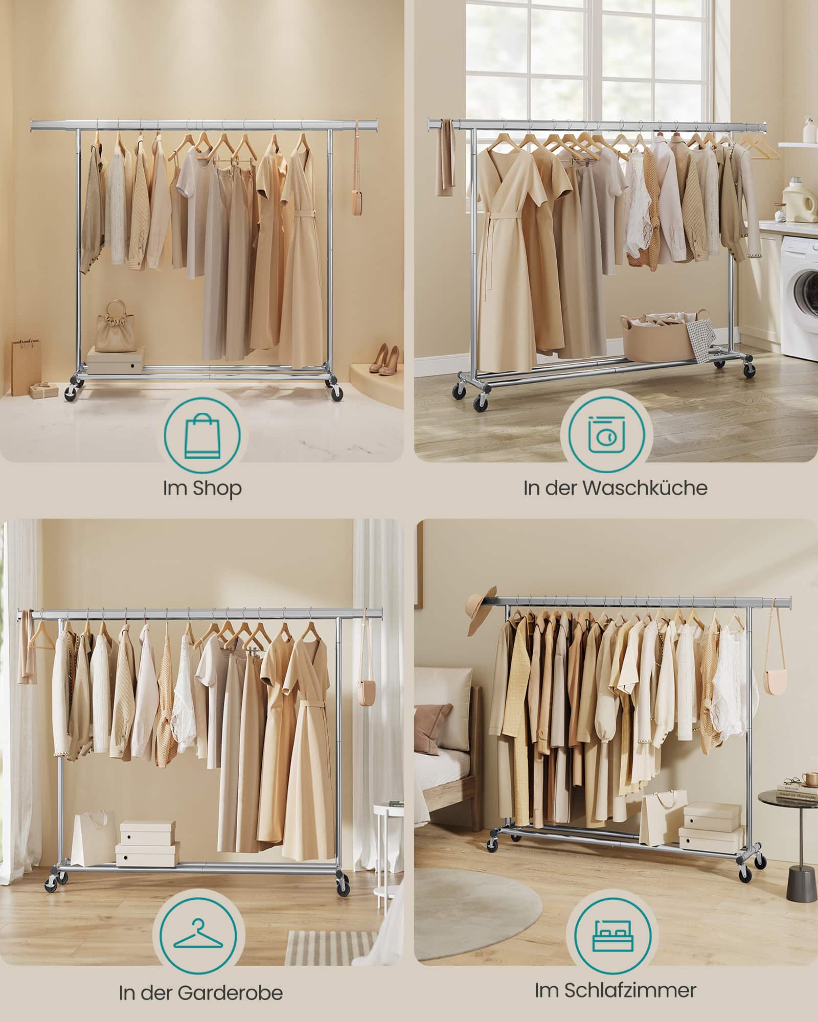 Kleiderständer auf Rollen mit ausziehbarer Kleiderstange silbern