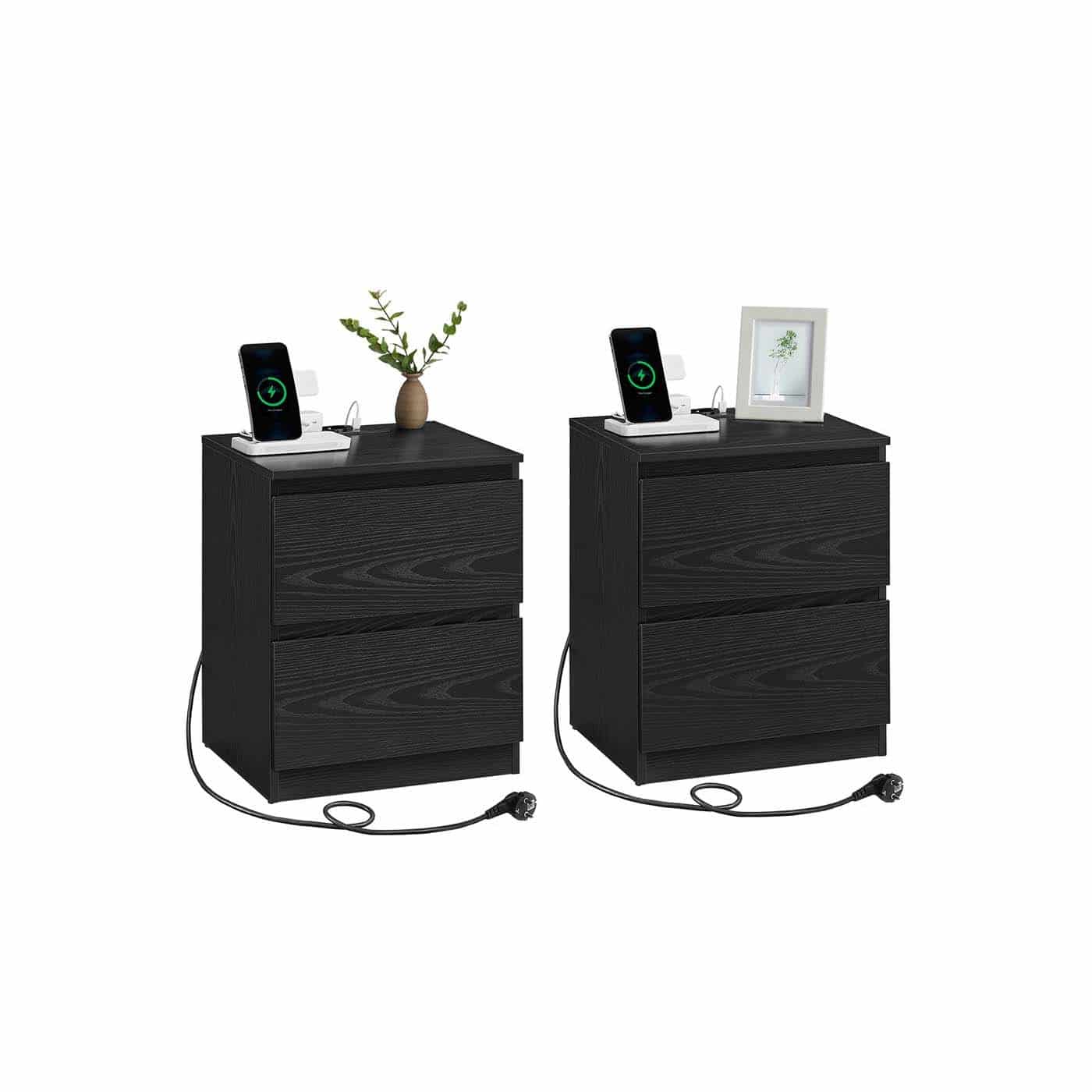 Nachttisch 2er Set mit Steckdosen und Schubladen ebenholzschwarz Nachttisch 2er Set mit Steckdosen und Schubladen ebenholzschwarz