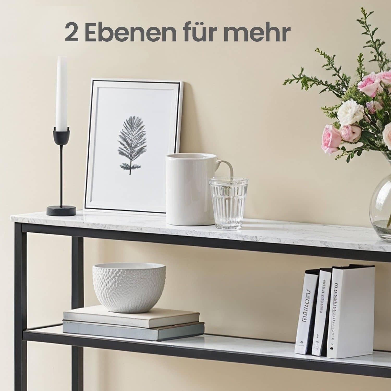 schmaler Sofatisch mit 2 Ablagen marmorweiß-tintenschwarz schmaler Sofatisch mit 2 Ablagen marmorweiß-tintenschwarz