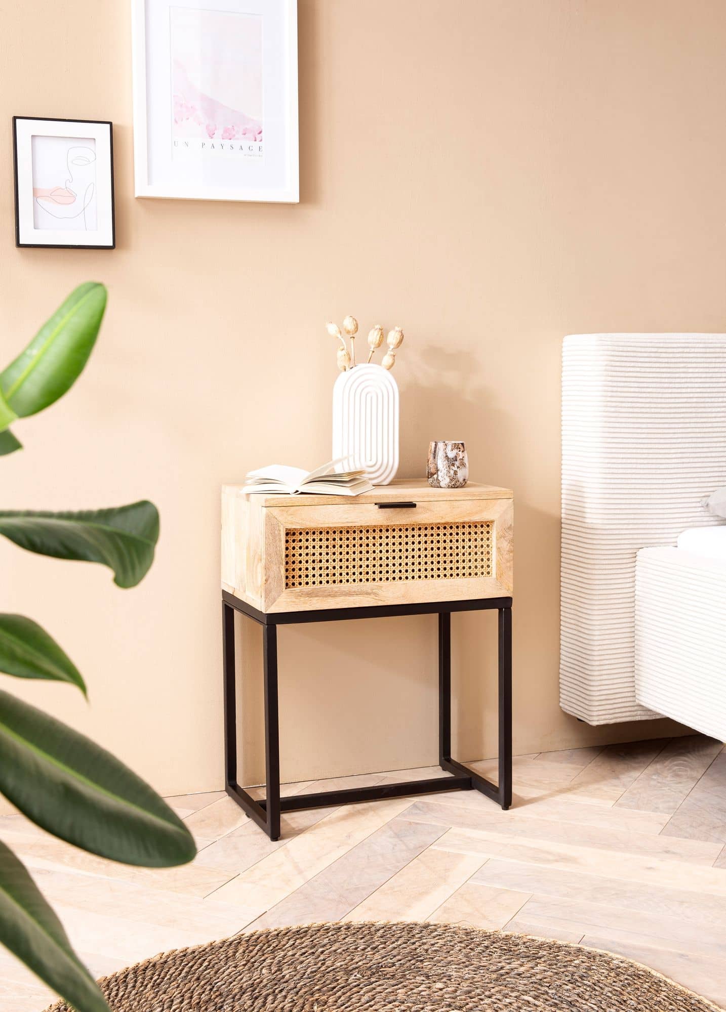 Nachtkonsole Mango Massivholz / Rattan 50x60x30 cm Nachttisch Braun