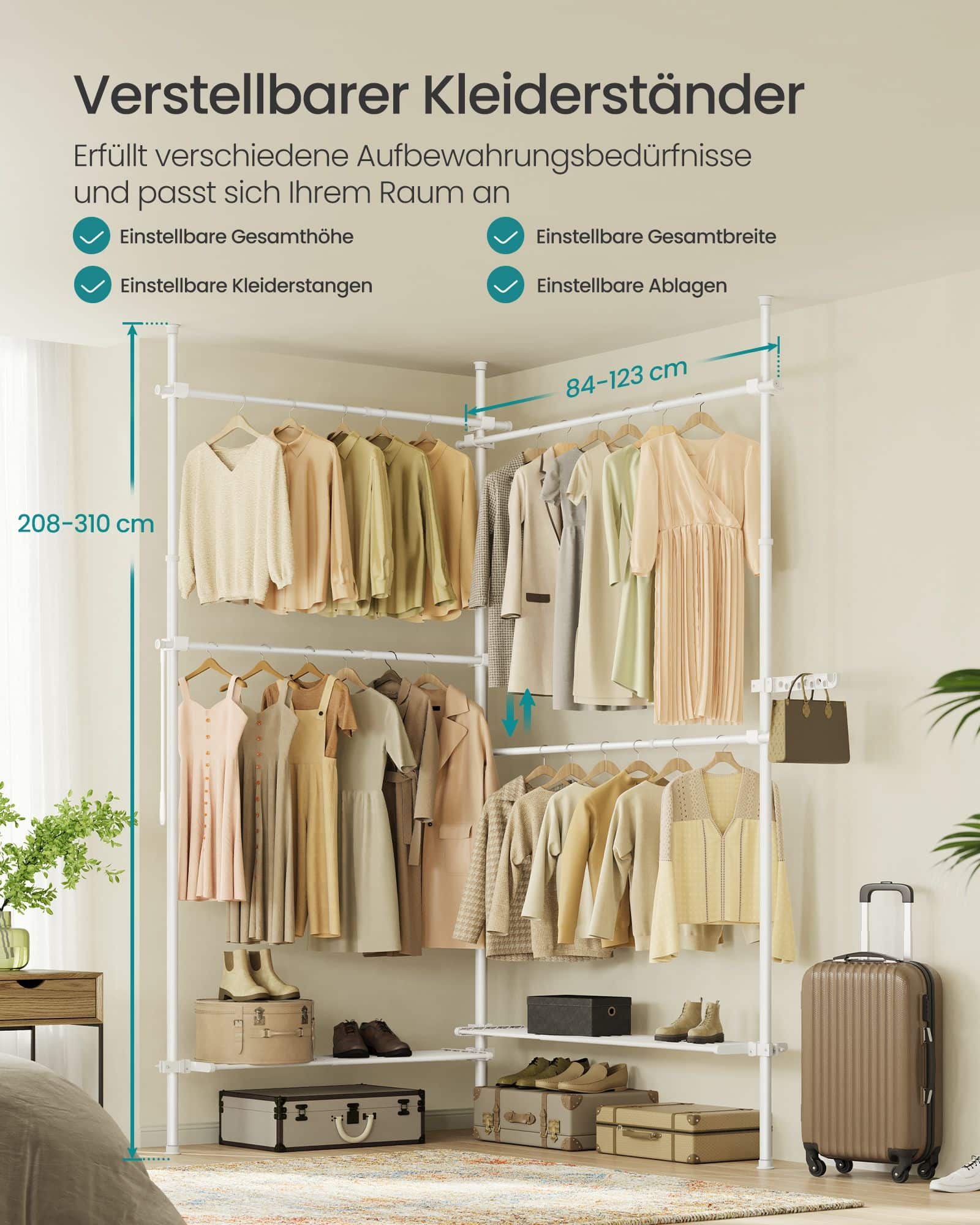 Teleskop-Kleiderstangen mit 4 Stangen und 2 Ablagen mattweiß Teleskop-Kleiderstangen mit 4 Stangen und 2 Ablagen mattweiß