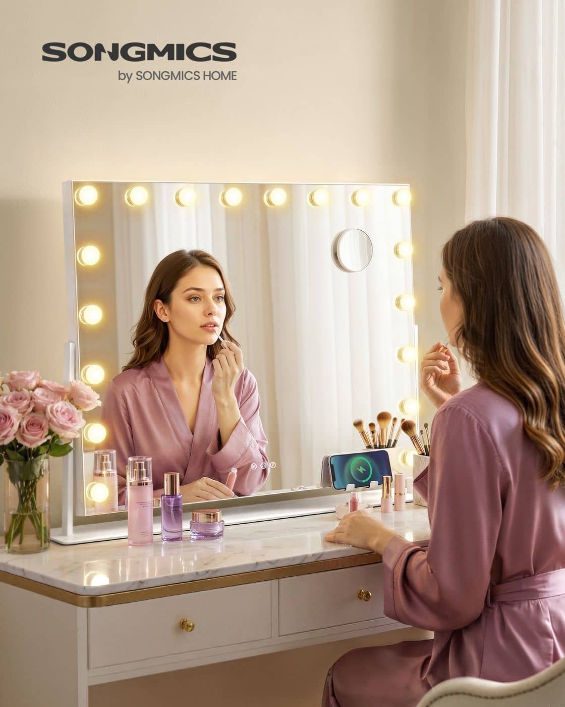 Schminkspiegel mit Beleuchtung und 18 LED-Glühbirnen mattweiß