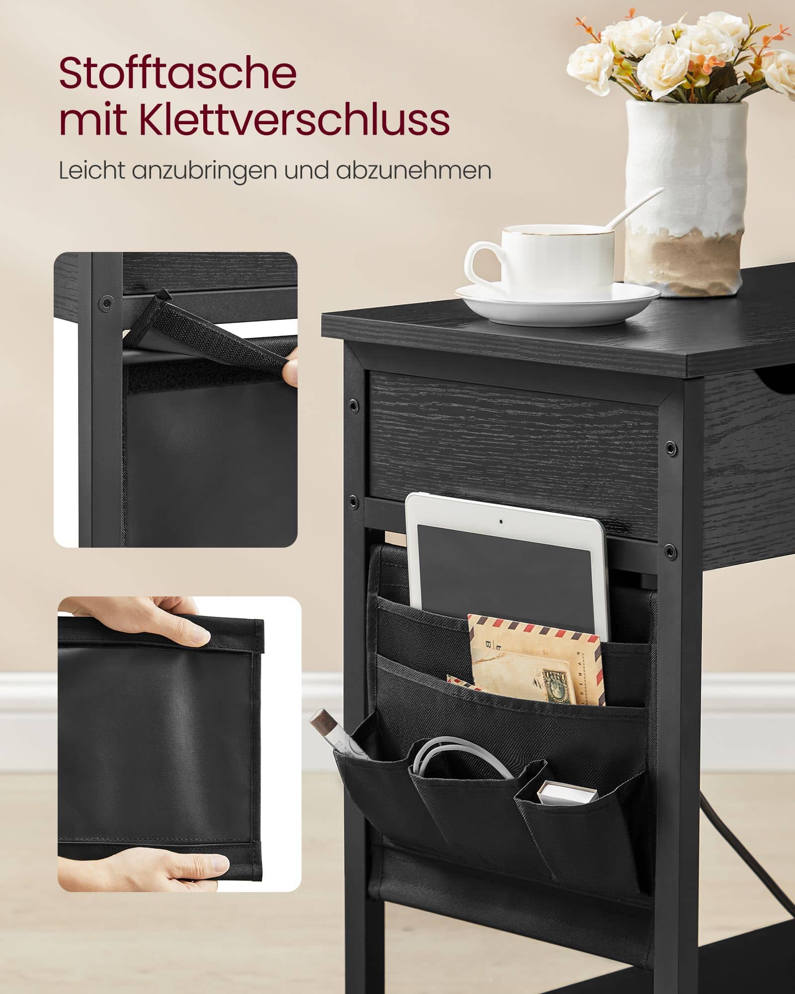 Beistelltisch mit Steckdose und USB-Anschlüssen schwarz mit Holzmaserung Beistelltisch mit Steckdose und USB-Anschlüssen schwarz mit Holzmaserung