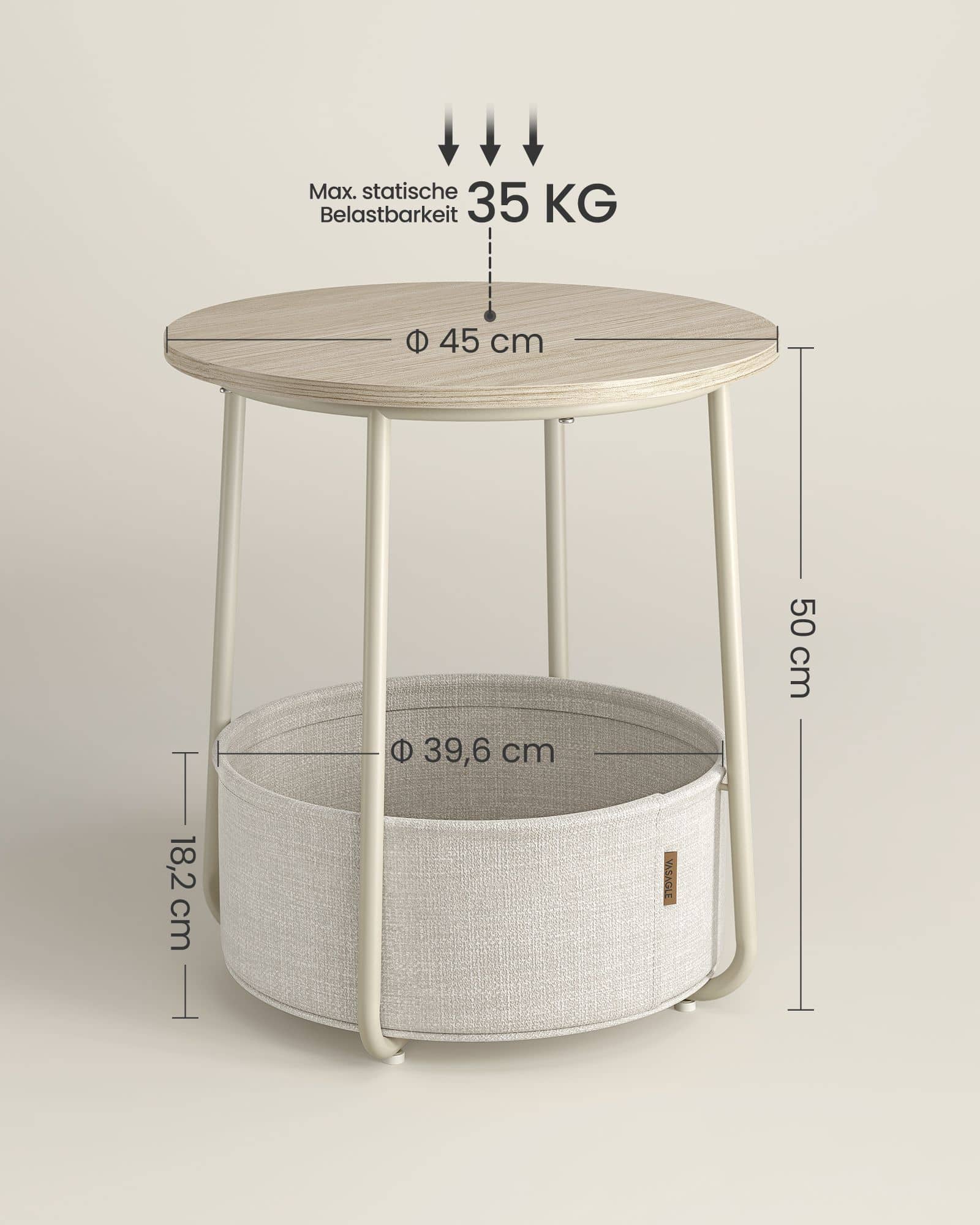 Beistelltisch rund mit Korb aus Stoff Beistelltisch rund mit Korb aus Stoff