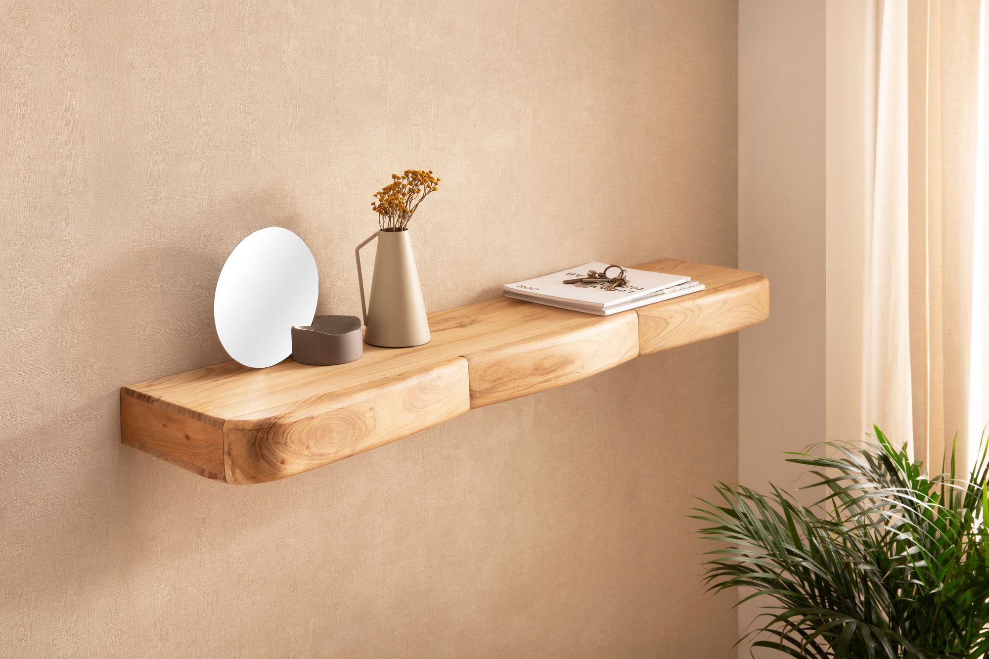 Wandregal Akazie Massivholz 120cm mit drei Schubladen - Design Regal für die Wand - Holz Wandboard mit Stauraum - Schwebendes Hängeregal aus Echtholz