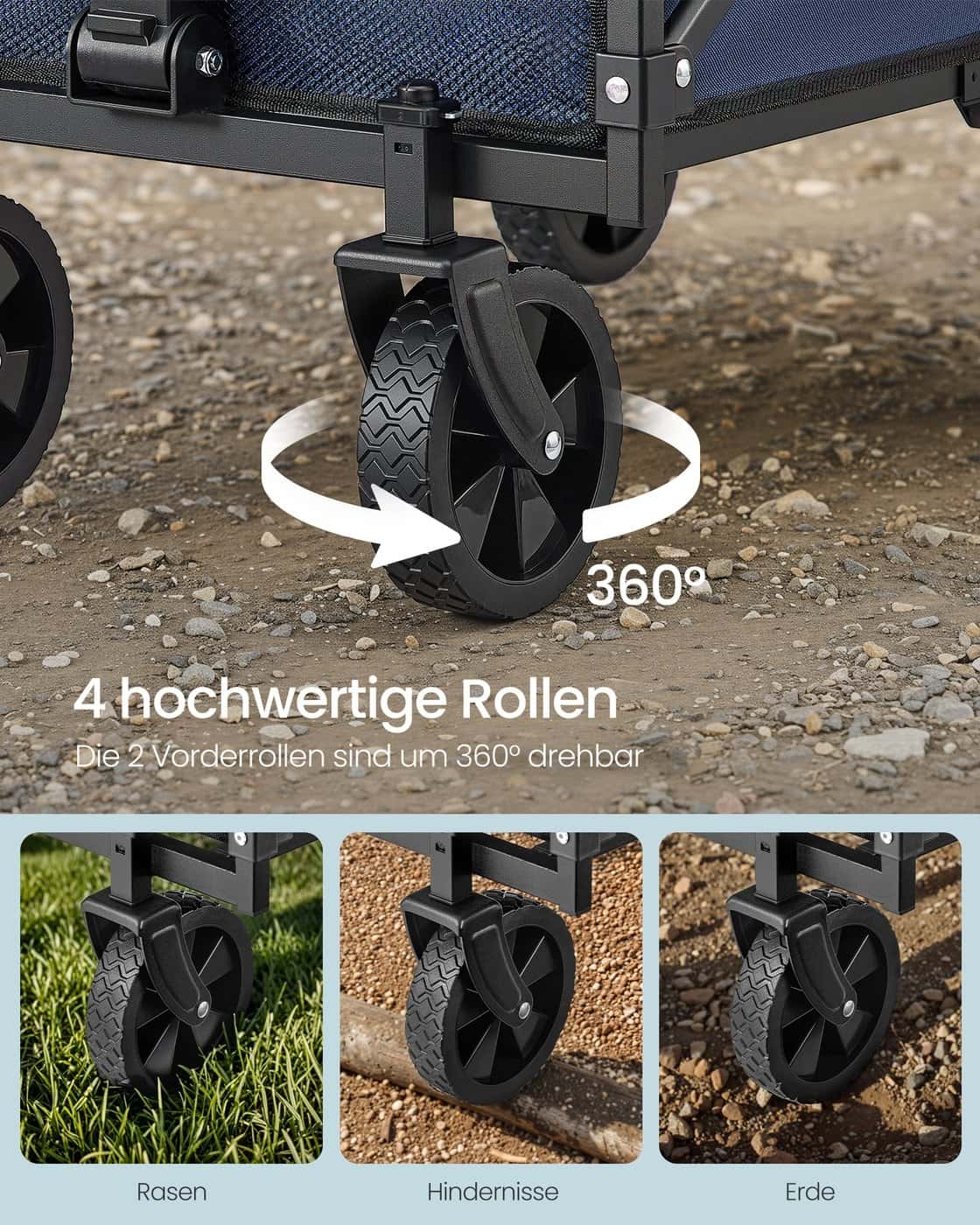 Kleiner Handwagen faltbar mit 4 verstärkten Rollen und Griff Mitternachtsblau