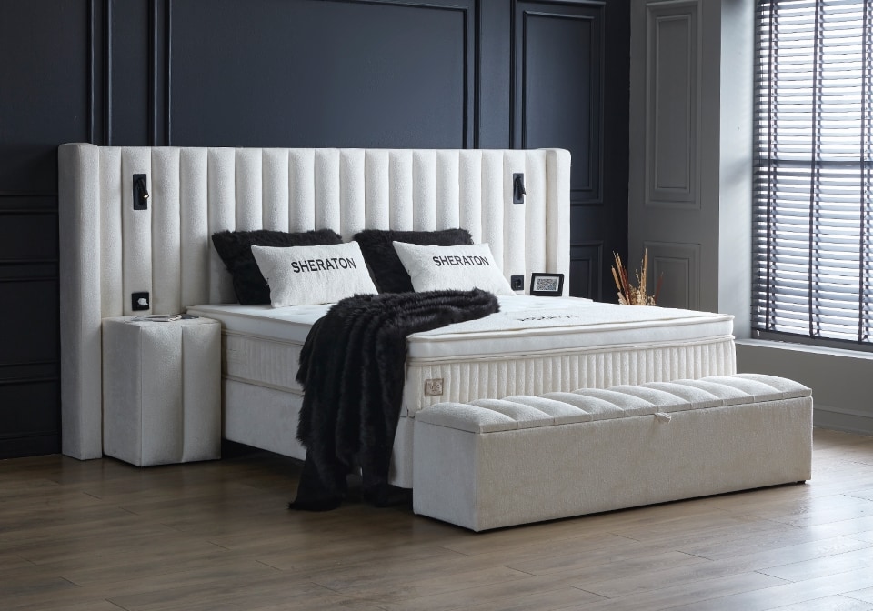 yan-aci-buyuk Weißes Boxspringbett Sheraton: Eleganz und Komfort in Mikrofaser