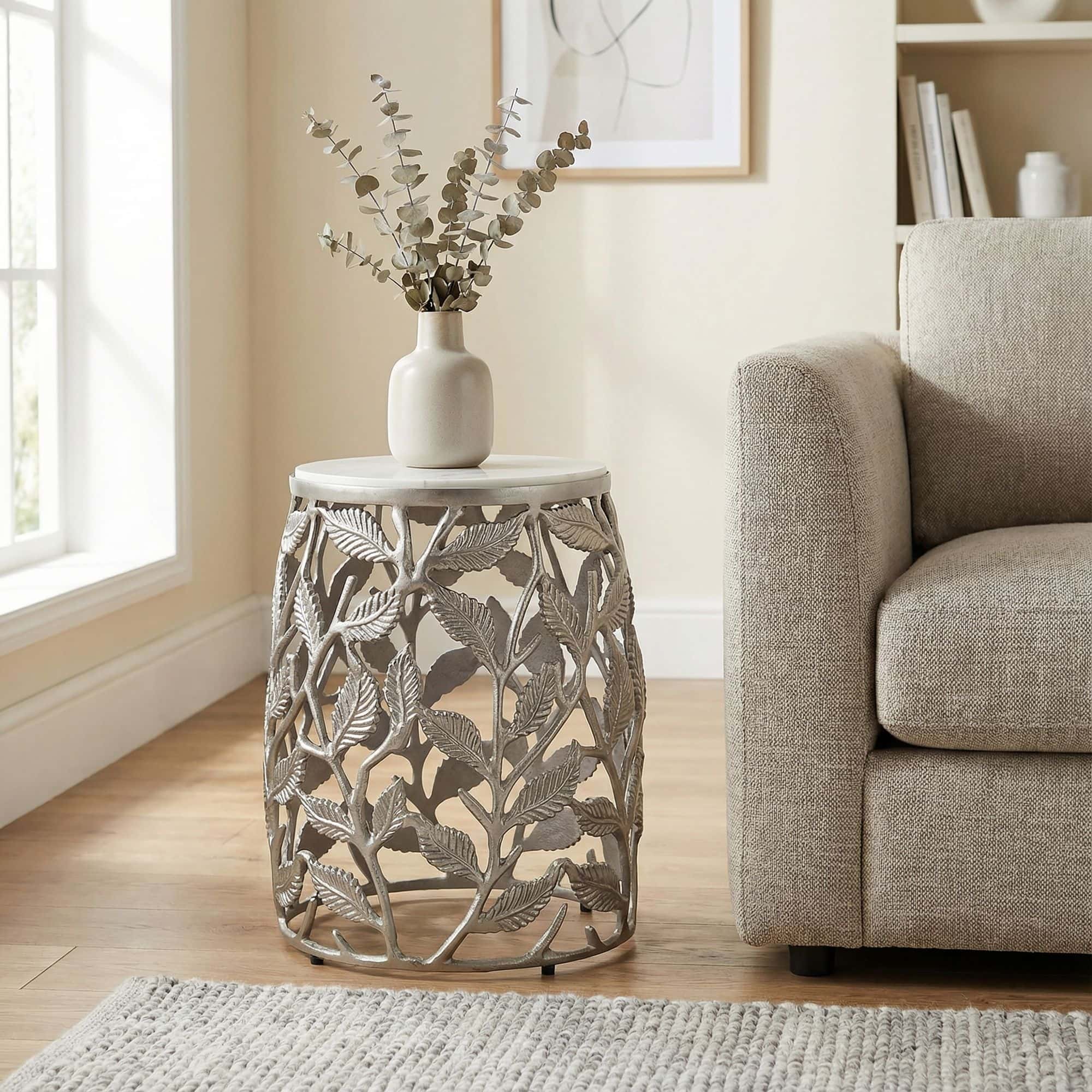 Beistelltisch 40cm Silber mit weißer Marmor Tischplatte - Couchtisch klein rund - Sofatisch Alu modern - Wohnzimmertisch Aluminium - Design Tisch Metallgestell Handmade Beistelltisch 40cm Silber mit weißer Marmor Tischplatte - Couchtisch klein rund - Sofatisch Alu modern - Wohnzimmertisch Aluminium - Design Tisch Metallgestell Handmade