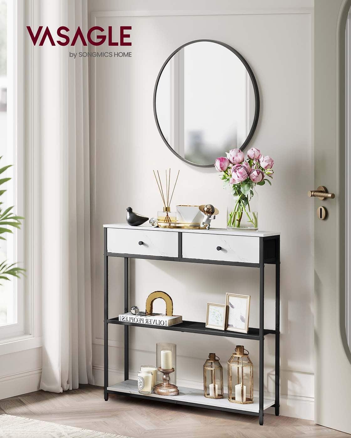 Schmaler Konsolentisch mit zwei Stoffschubladen