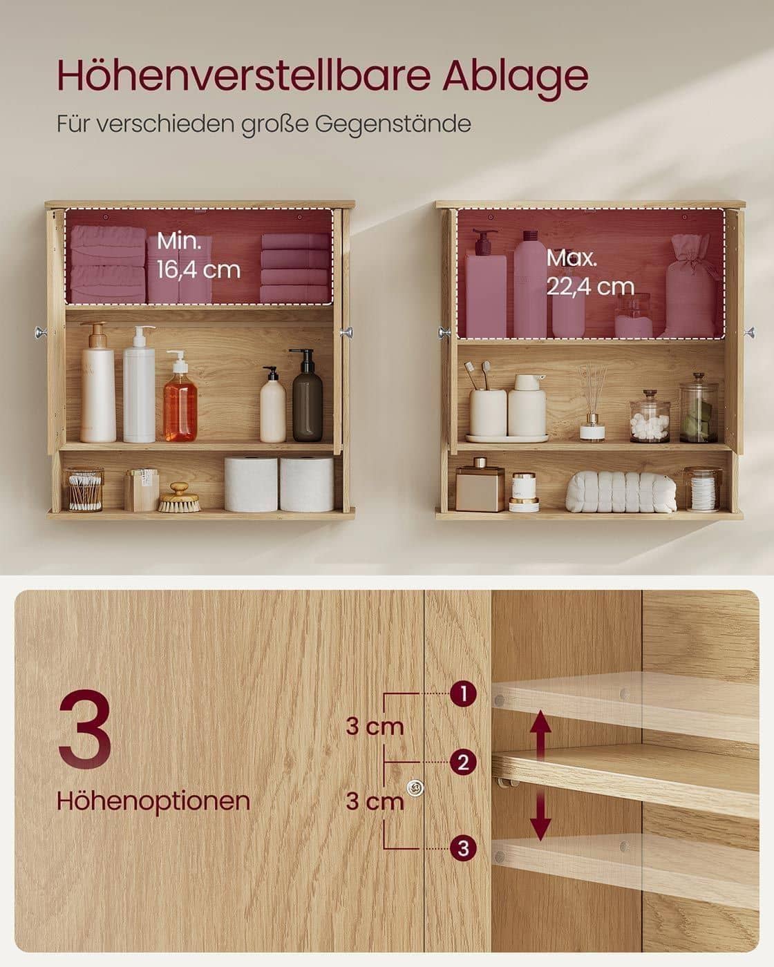 Spiegelschrank mit 2 Spiegeltüren und offenem Fach natureichenfarben Spiegelschrank mit 2 Spiegeltüren und offenem Fach natureichenfarben