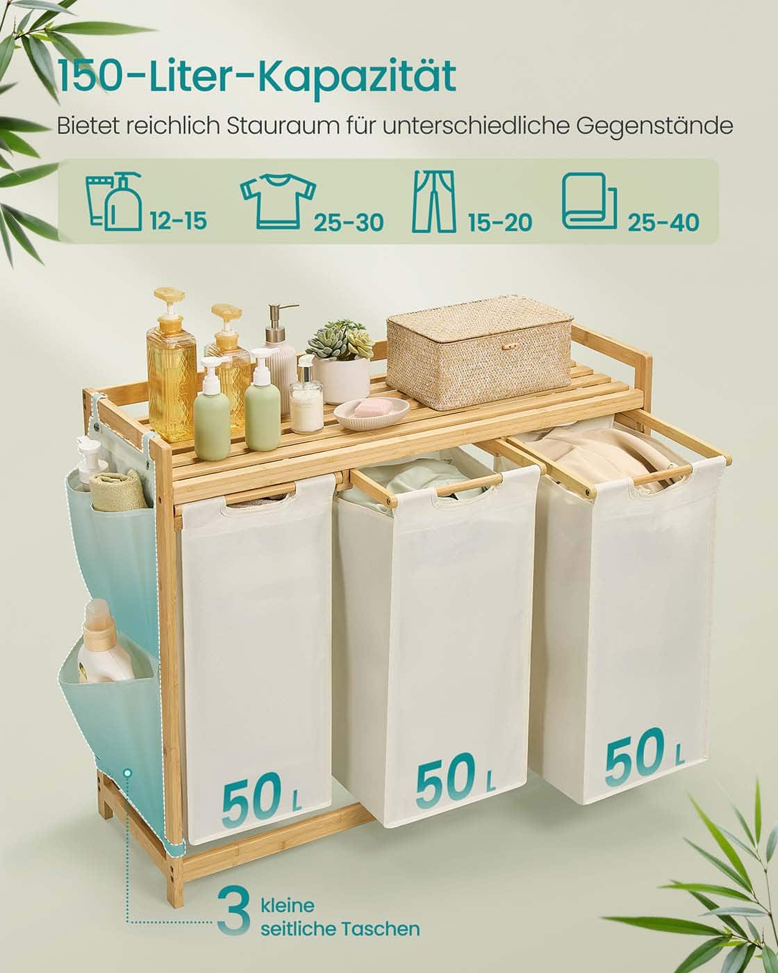 Wäschekorb 3 Fächer 3 x 50 L 94 x 33 x 78 cm cremeweiß Wäschekorb 3 Fächer 3 x 50 L 94 x 33 x 78 cm cremeweiß