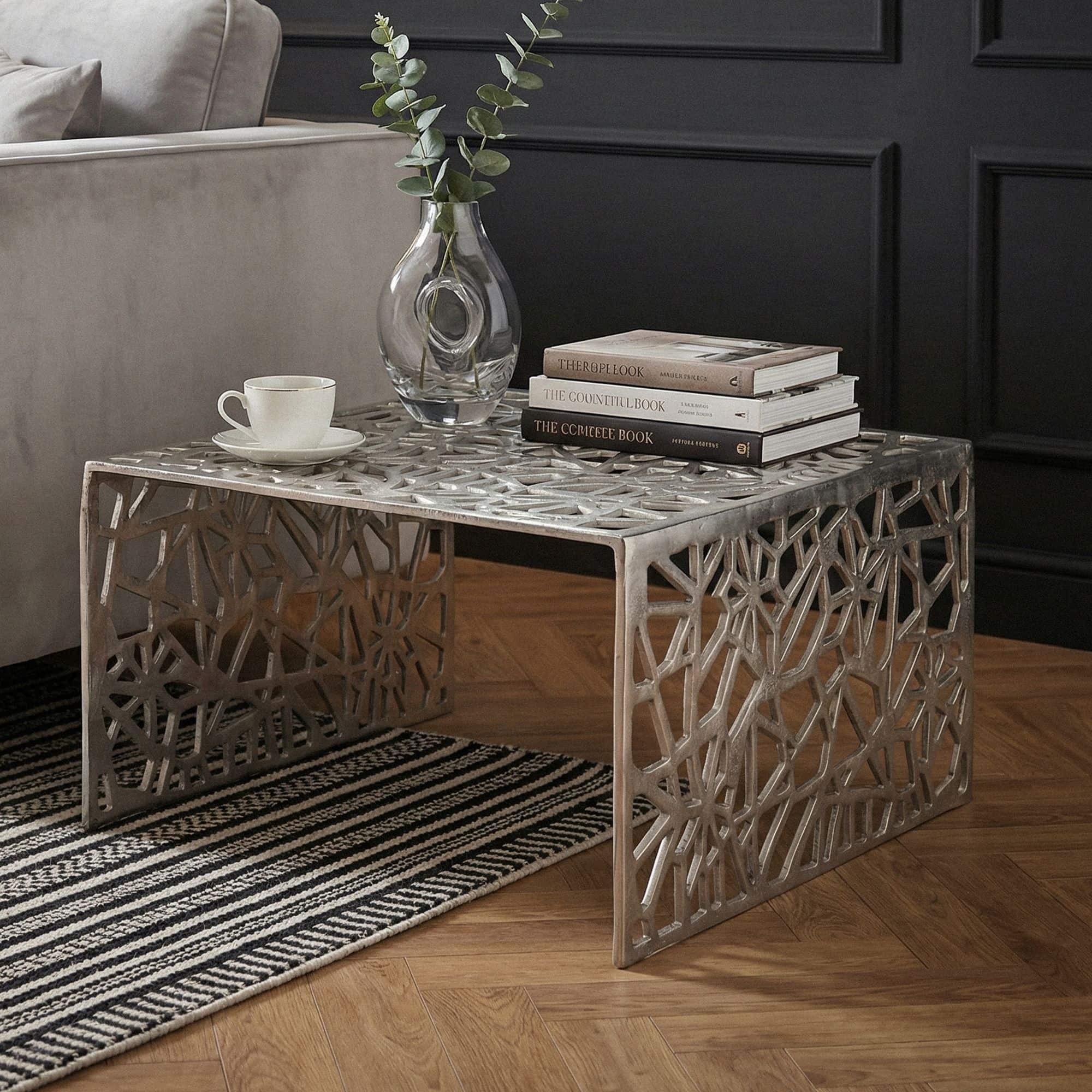 Couchtisch Aluminium Silber 60cm Quadratischer Sofatisch Metall - Wohnzimmertisch Alu modern mit Muster - Design Tisch niedrig - Loungetisch Beistelltisch Handmade Couchtisch Aluminium Silber 60cm Quadratischer Sofatisch Metall - Wohnzimmertisch Alu modern mit Muster - Design Tisch niedrig - Loungetisch Beistelltisch Handmade