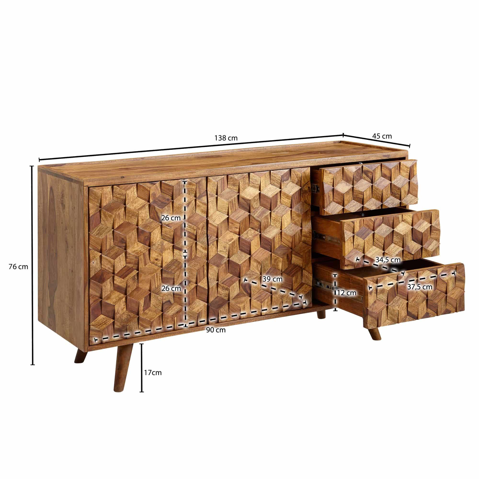 Sideboard 138x76x45 cm Sheesham Massivholz Anrichte mit Türen & Schubladen Sideboard 138x76x45 cm Sheesham Massivholz Anrichte mit Türen & Schubladen