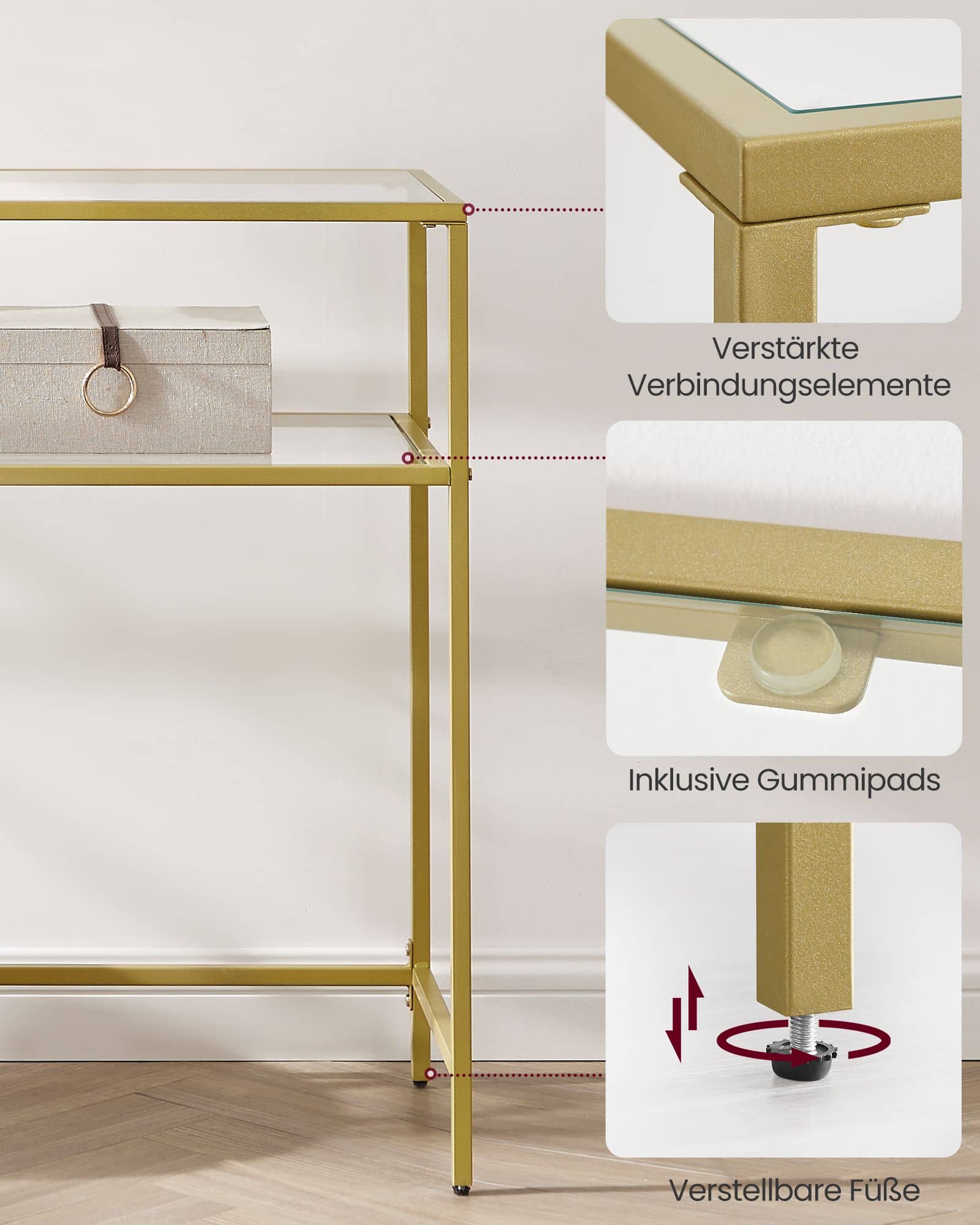 Konsolentisch modern verstellbar goldfarben-transparent Konsolentisch modern verstellbar goldfarben-transparent