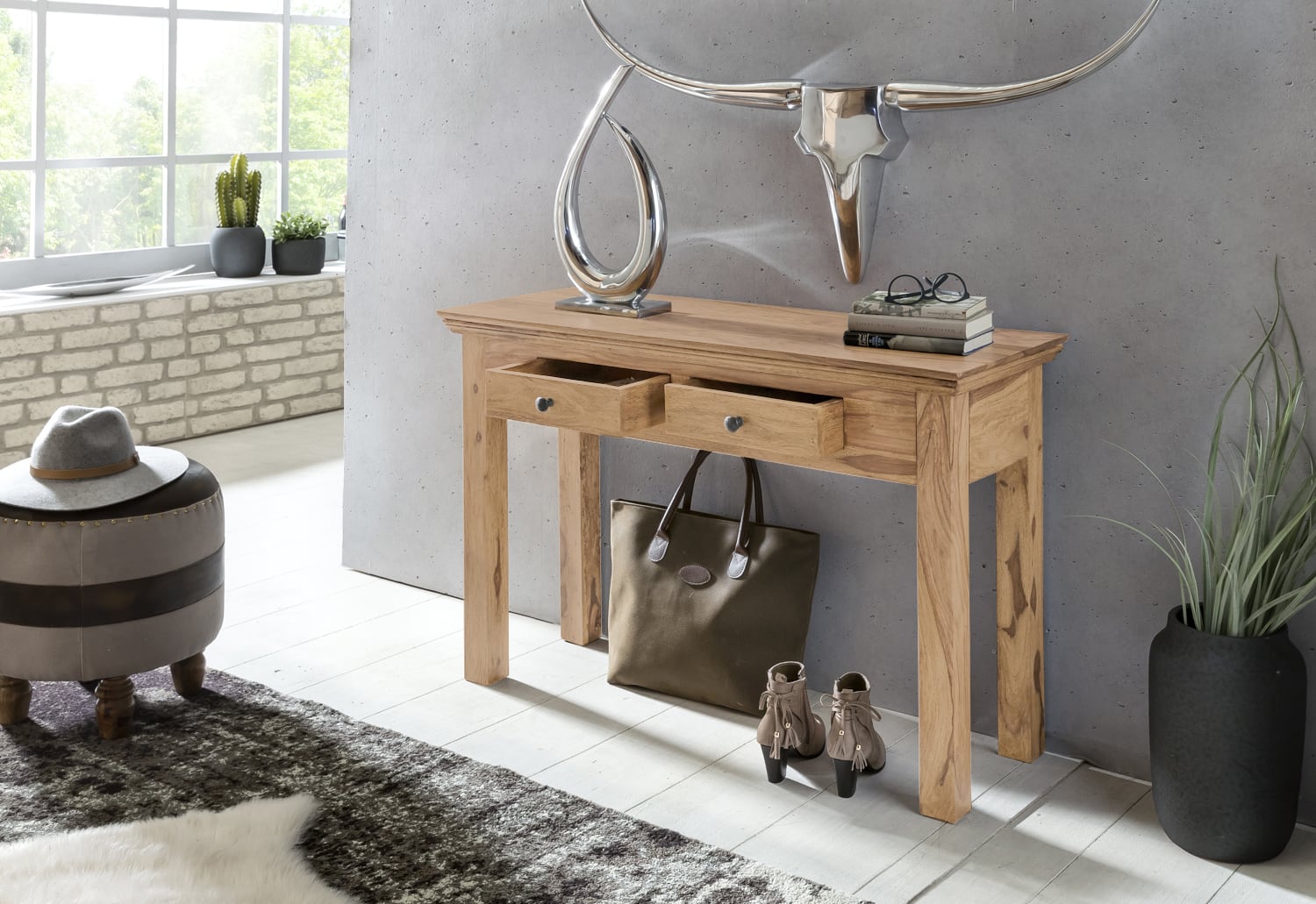Konsolentisch MUMBAI Massivholz Akazie Konsole mit 2 Schubladen Schreibtisch 110 x 40 cm Landhaus-Stil Sideboard Konsolentisch MUMBAI Massivholz Akazie Konsole mit 2 Schubladen Schreibtisch 110 x 40 cm Landhaus-Stil Sideboard